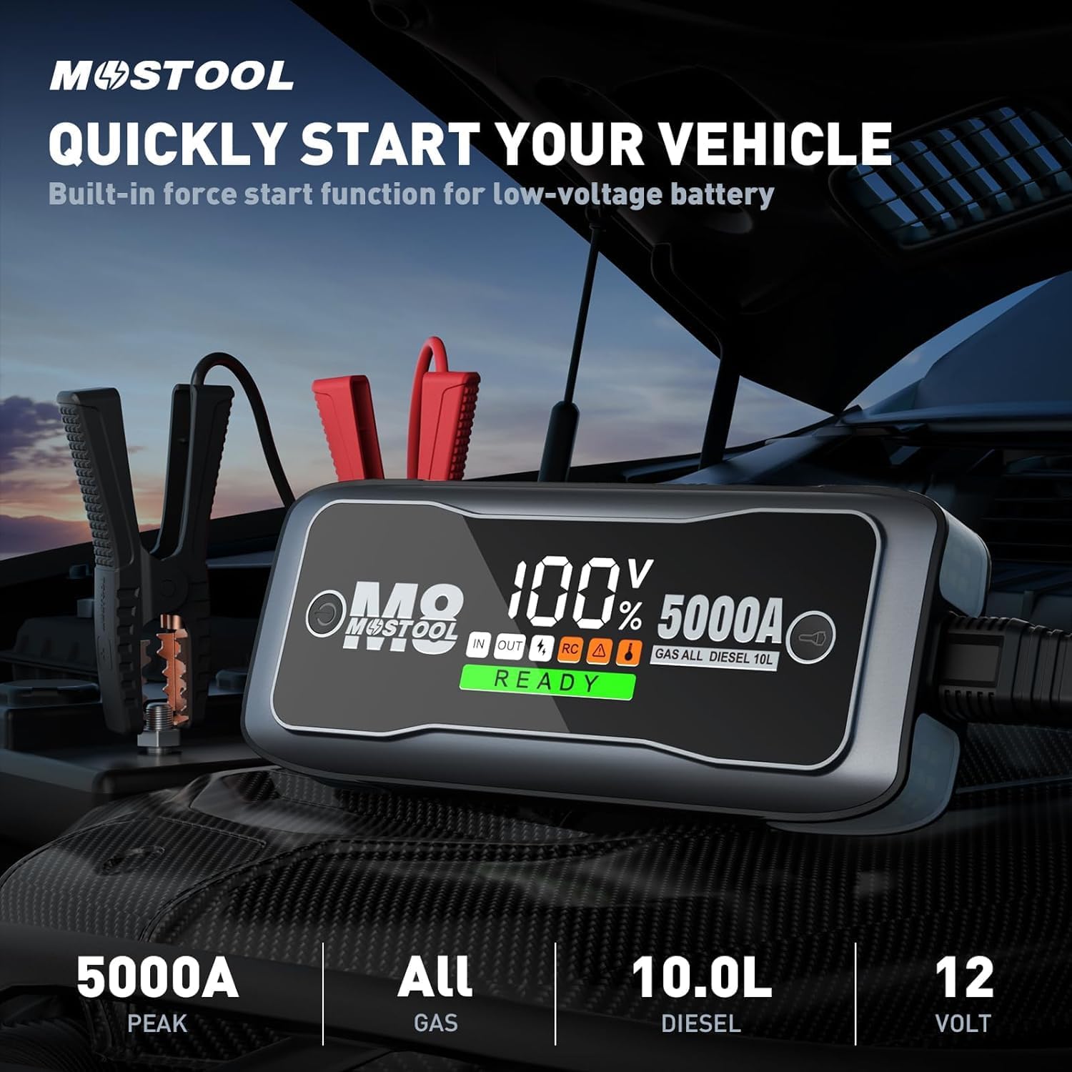 MOSTOOL 5000A Car Jump Starter, 12V Portable Battery Booster with LED Display, Fits All Gas Engines and Up to 10.0L Diesel Engines,Gray