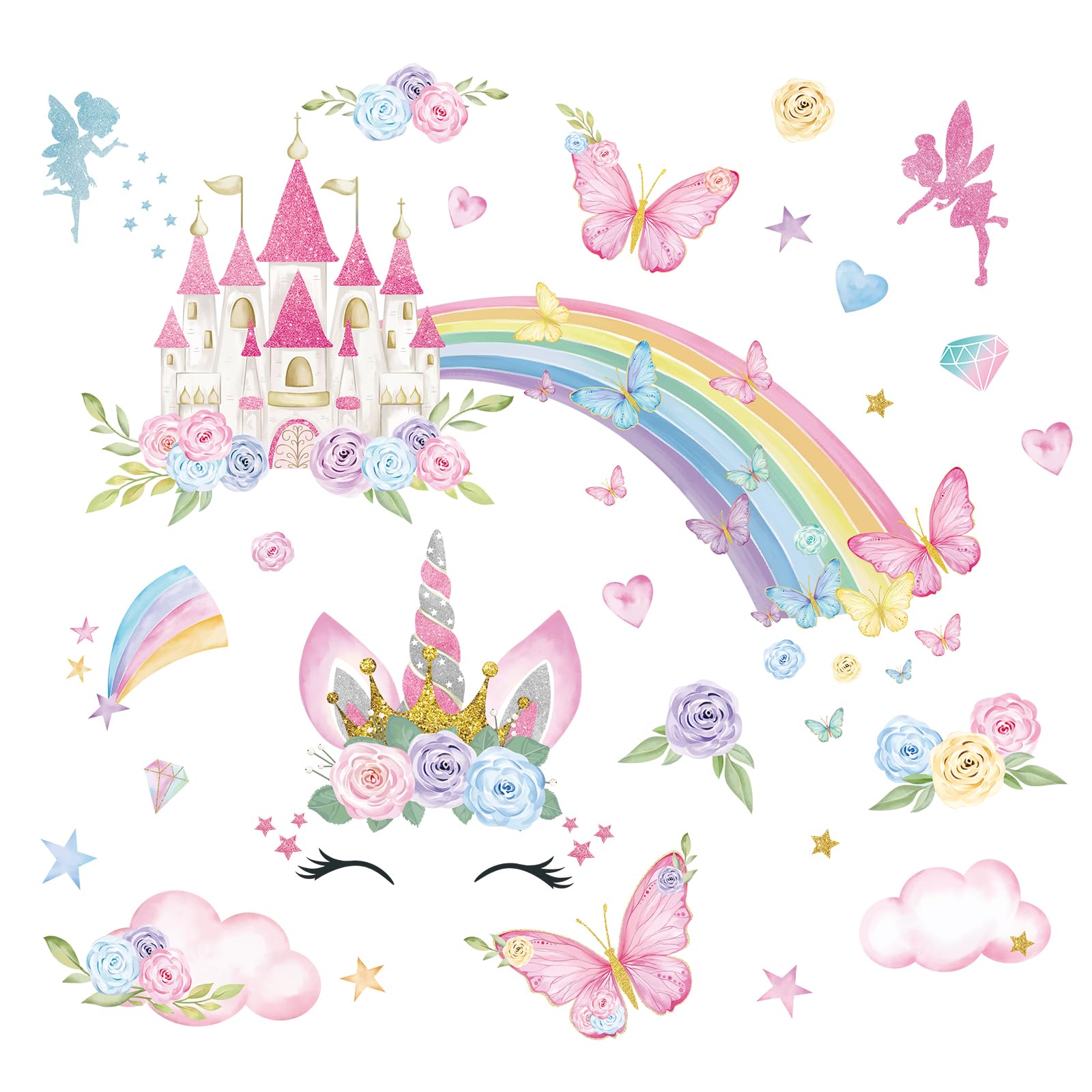FUFUQUARE Rainbow Unicorn Wall Stickers Colorful Cute Castle Butterfly Flowers Peel and Stick Wall Decals for Girls Bedroom Nursery Living Room - Image 4