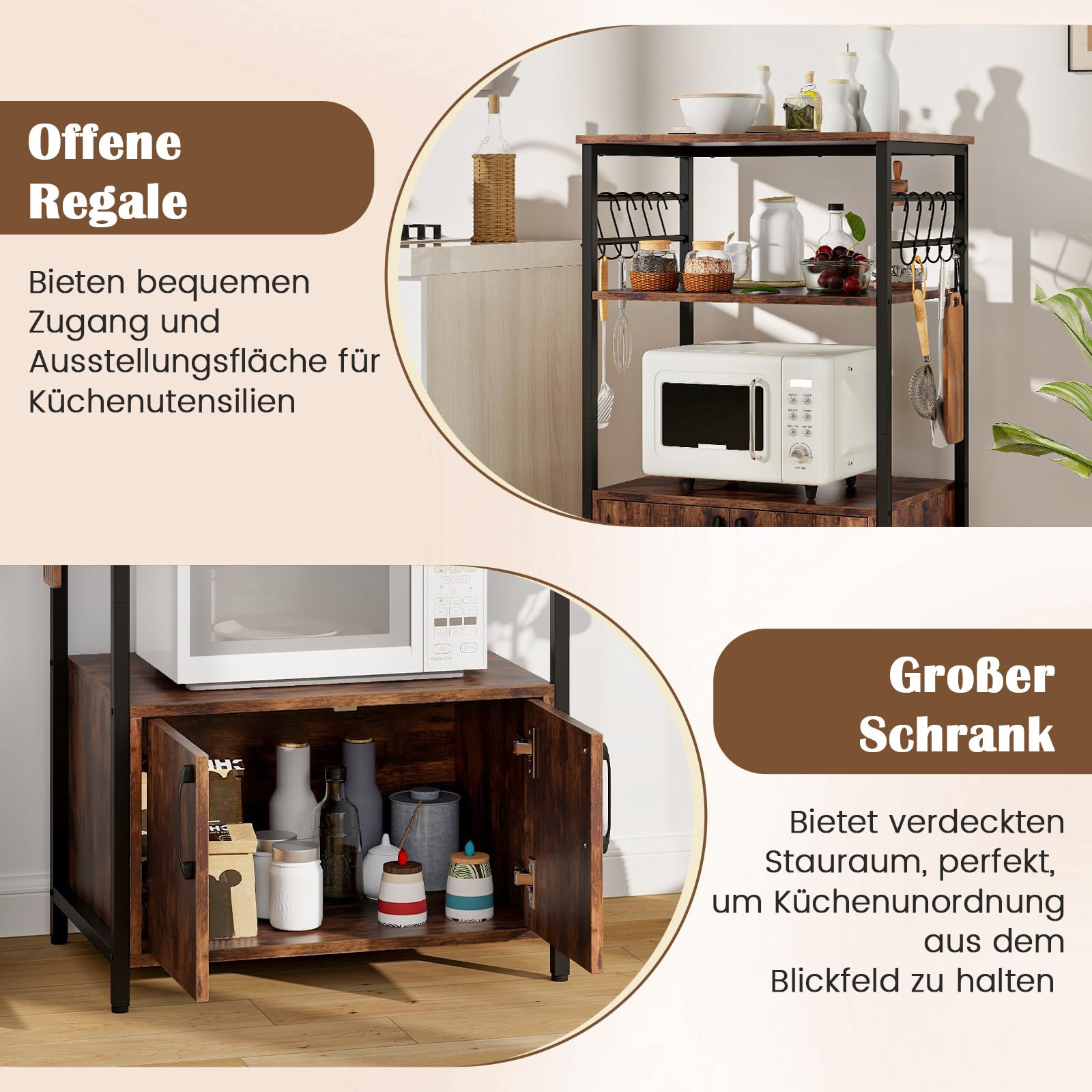 COSTWAY Küchenregal mit Schrank, 3-stöckiger Bäckerregal mit 2 offenen Ablagen & 10 Haken, Mikrowellenregal industriell mit Metallrahmen, Standregal für Küche, Esszimmer, 60 x 40 x 100cm