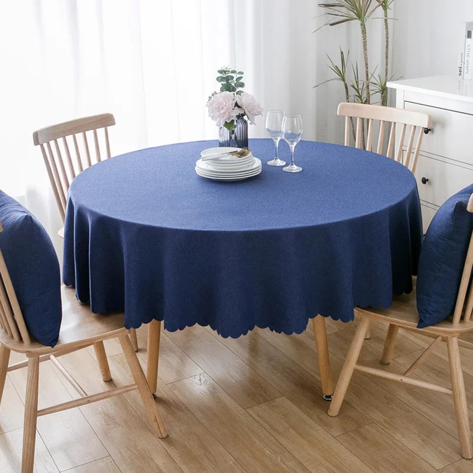 Nappe ronde bleu foncé 140 cm en coton et lin pour table de mariage et hôtel