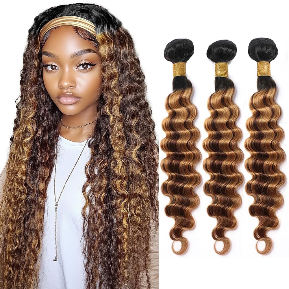 8 10 12 inch Highlight Deep Wave Bundles Human Hair P4/27 Brown and Blonde Bundles Deep Wave Human Hair #4 & #27 Color Track Mix Brazilian Hair Sew-In Extensions