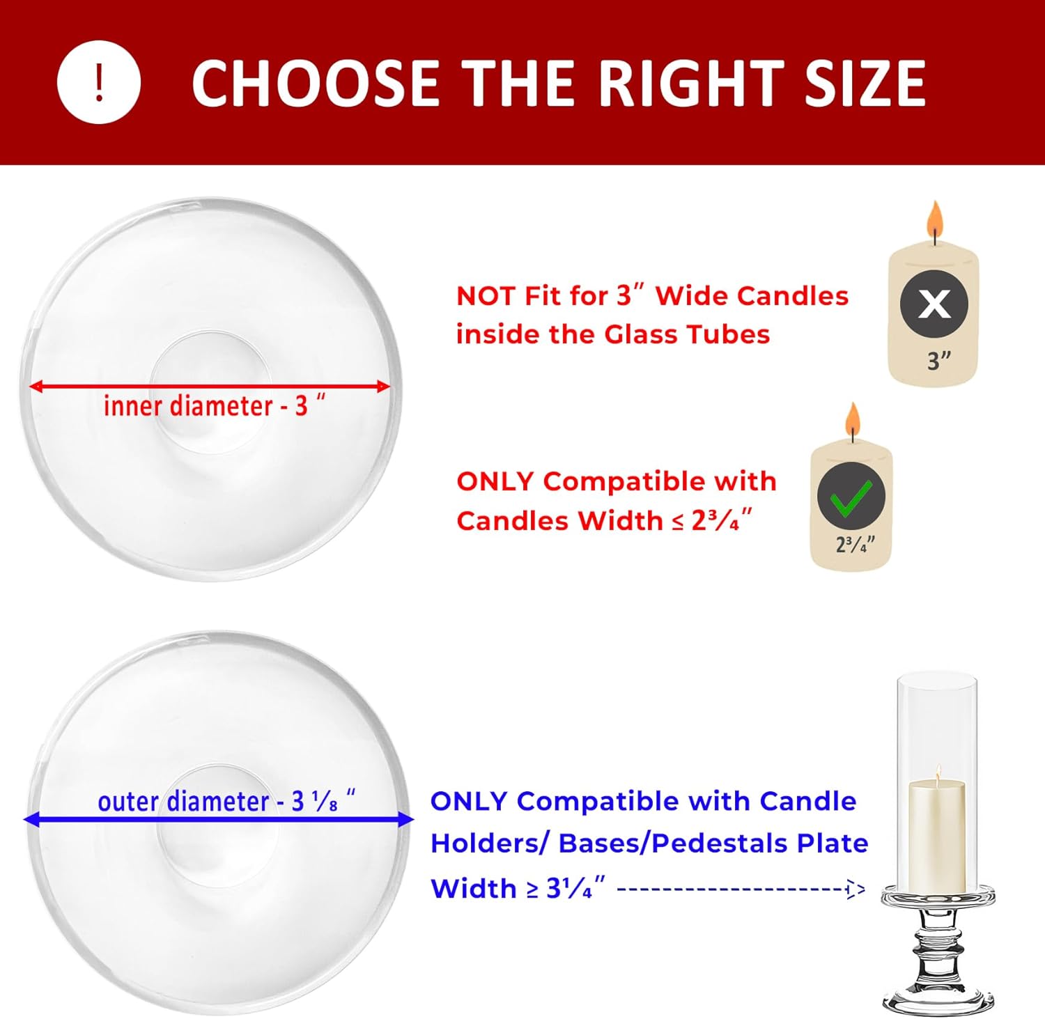 CYS EXCEL 6 PCS (H:10" D:3") Open Ended Glass Hurricane Candleholder Tube Shade Bottomless Candle Chimney Cover
