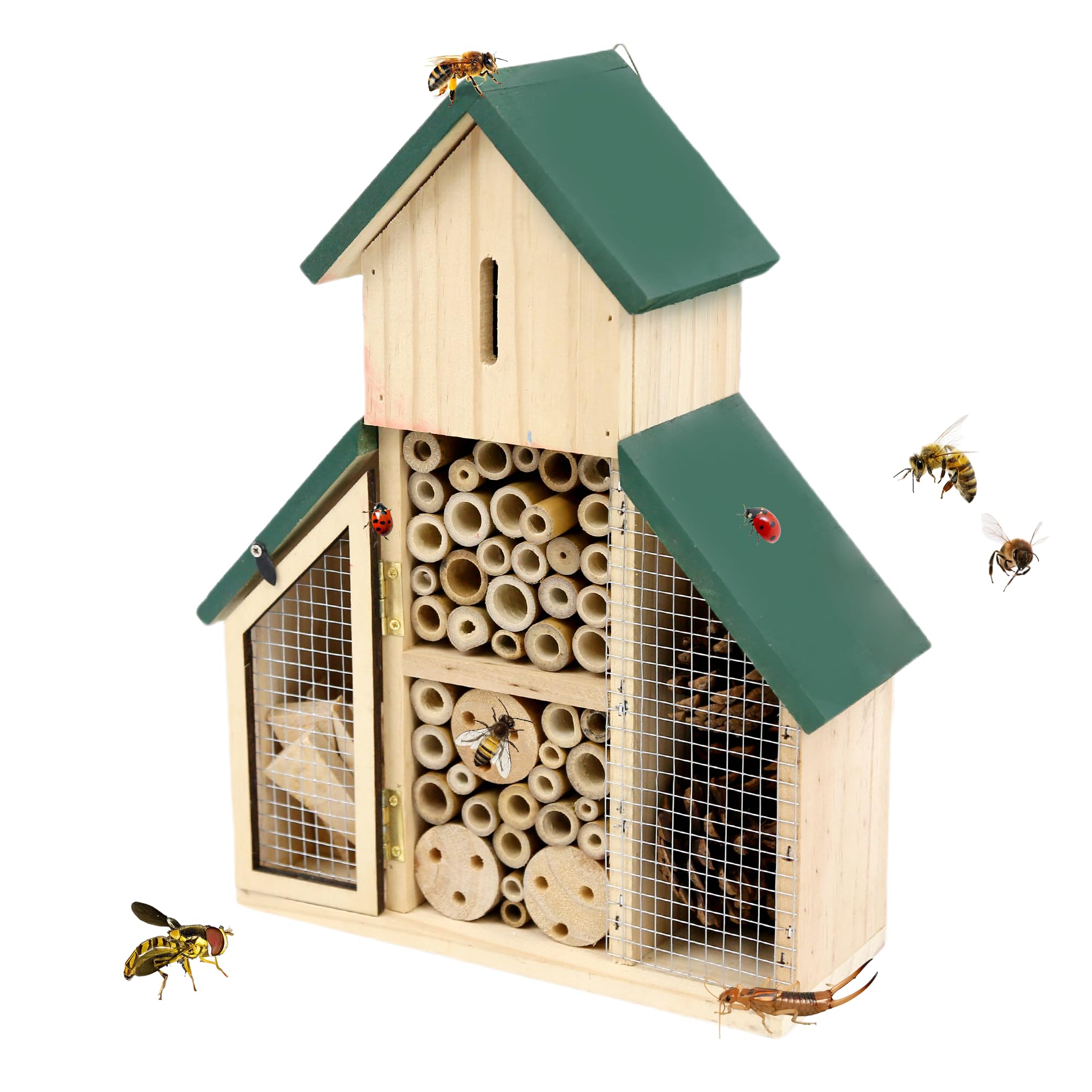 3-lagiges Insektenhaus aus Holz mit grünem Dach, mehrere Räume und Kapazität, Insektenhotel, ein hängender Lebensraum für Bienen, Schmetterling, Marienkäfer, Bienenkiste