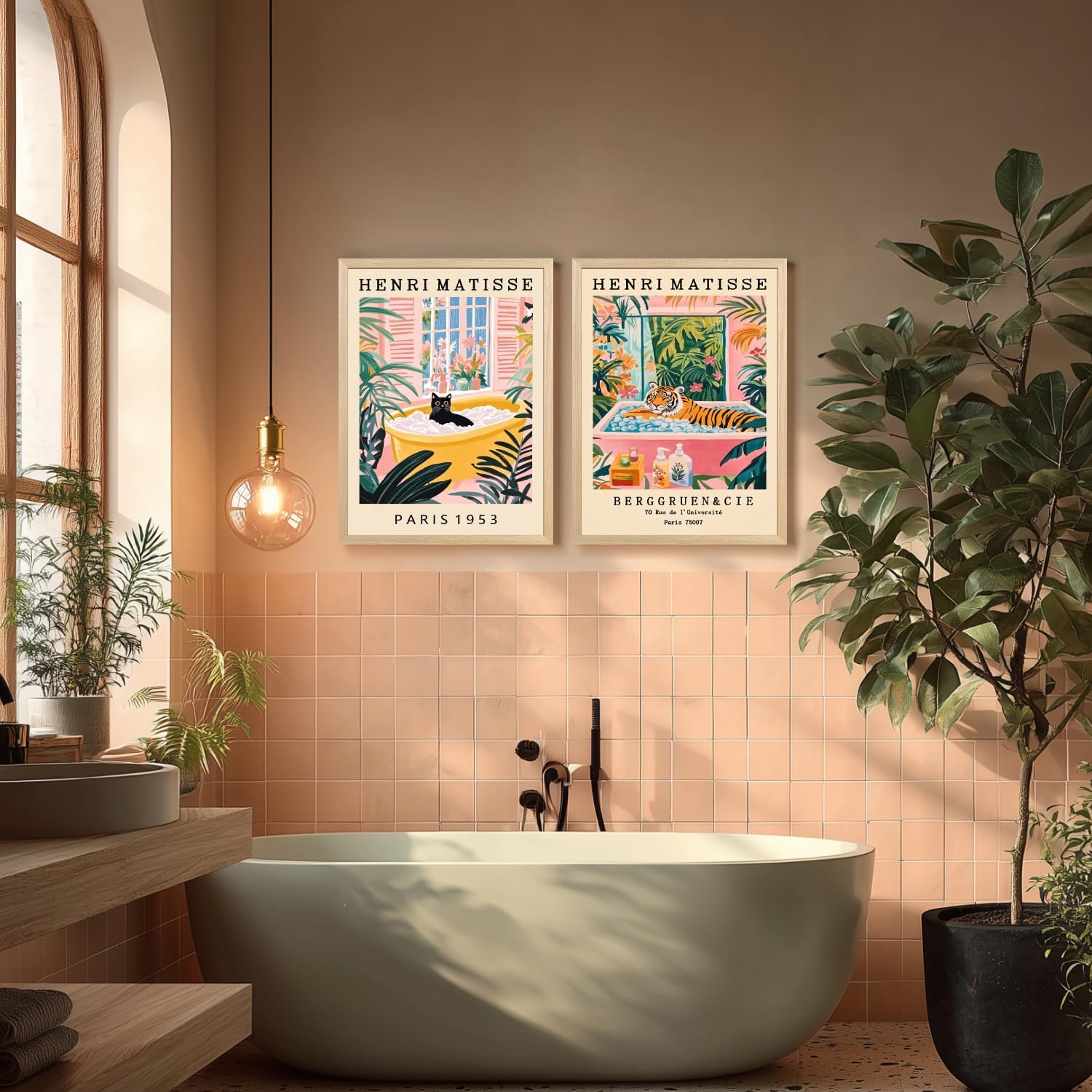 IAFWZX Wood Framed Funny Bathroom Wall Art, Humor Black Cat In Bathtub Wall Decor, Vintage Henri Matisse Canvas Painting, Whimsical Cute Animal Poster Print for Living Room Bedroom 16"x24"