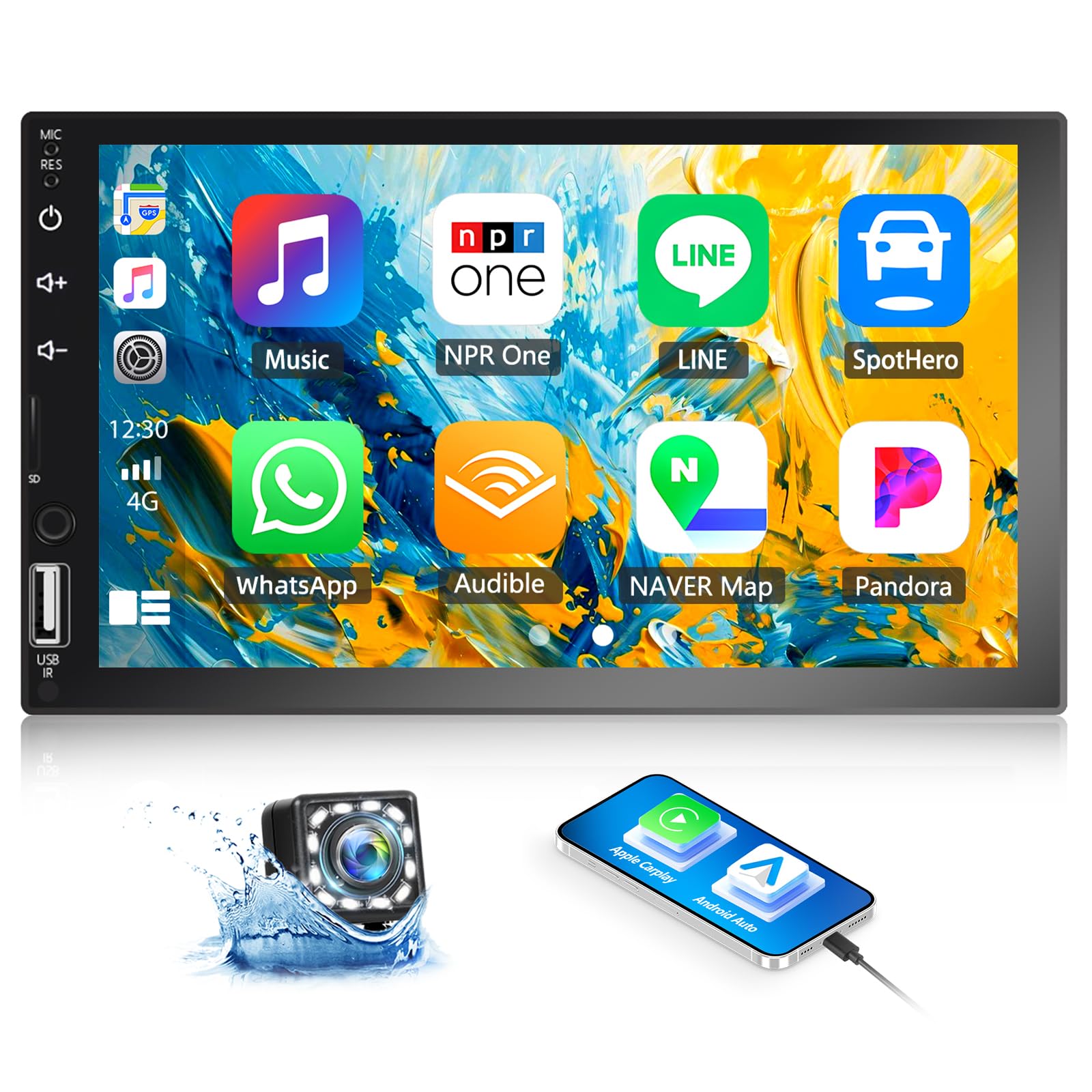 Double Din Car Stereo with CarPlay&Android Auto,7 Inch HD 1024 * 600 Touchscreen Car Radio with Bluetooth,Backup Camera,Voice Control,USB/AUX/TF/SWC,