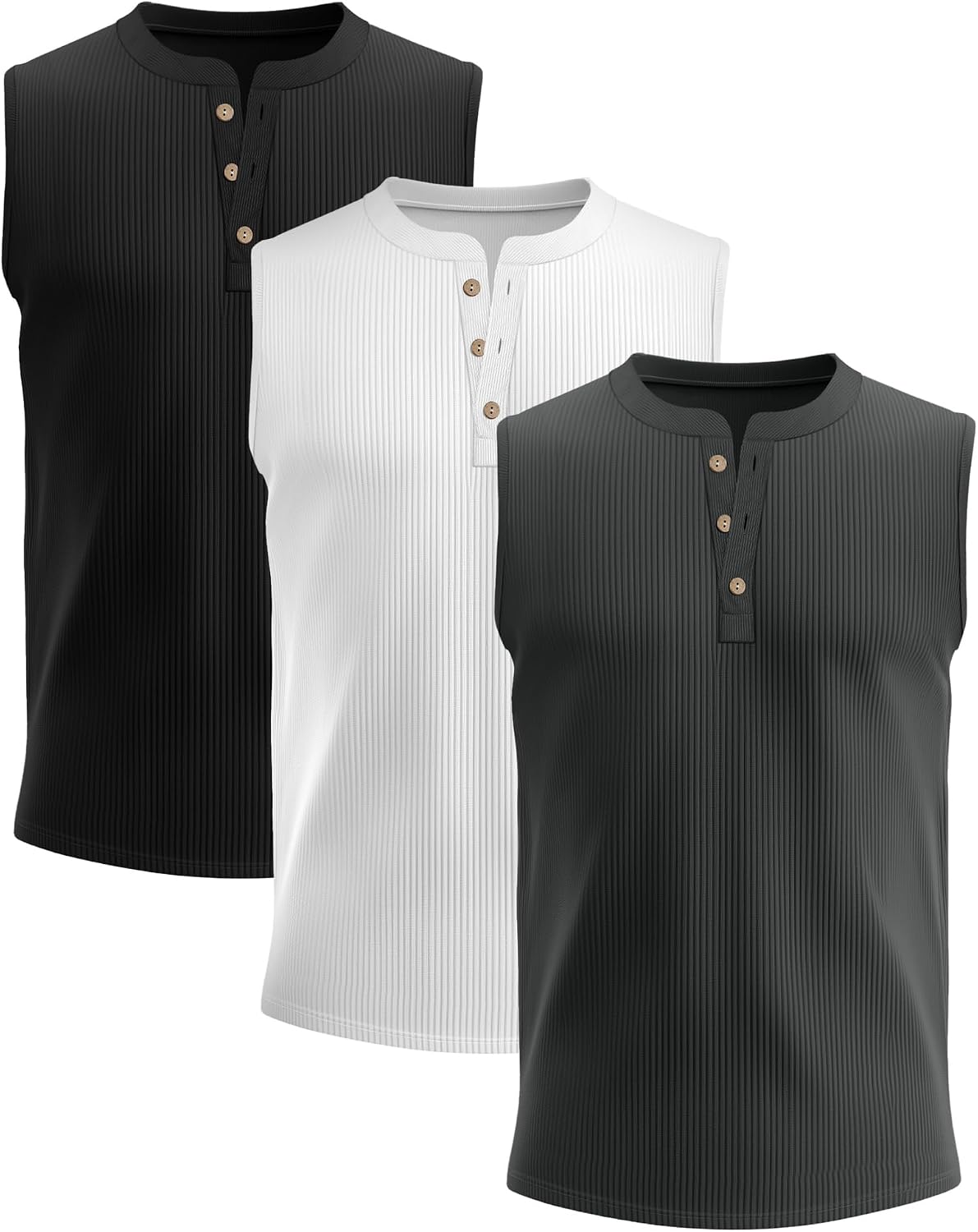 Evervibe 3 Pcs Men's Big and Tall Tank Top Ribbed Plus Size Sleeveless Henley Shirt Crewneck T Shirt 1X-5X