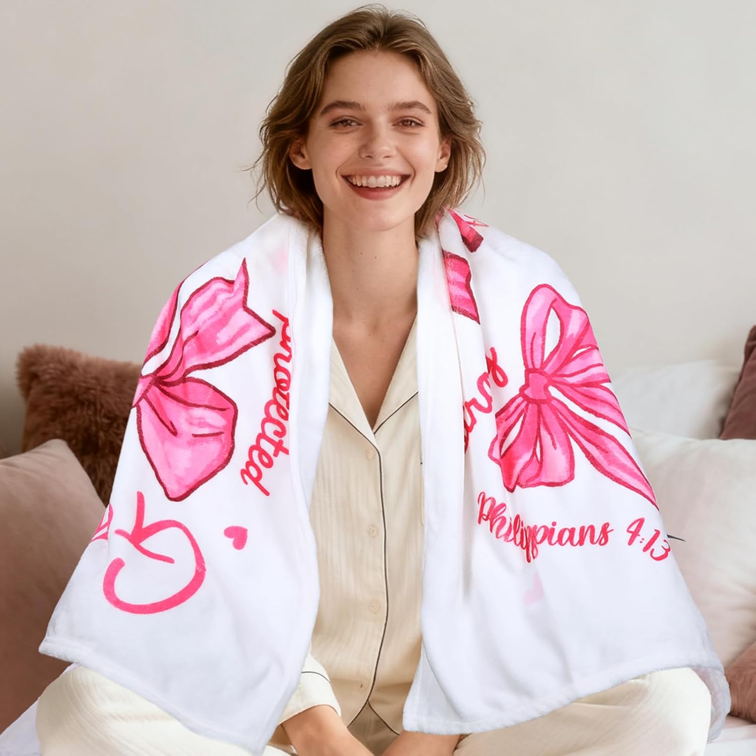 Pink Bow Christian Throw Blanket, Coquettte Bow Flannel Blanket, God Says I Am Bible Verse Religious Gifts for Women Girls Daughter Inspirational Jesus Prayer Home Decor Gift 50 x 60 Inch - Image 4