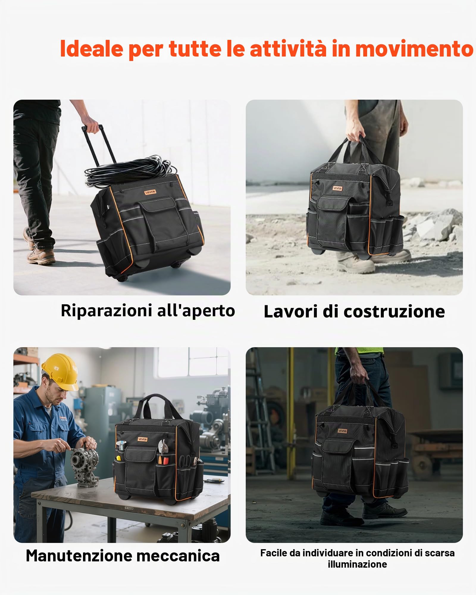 VEVOR Zaino Portautensili con Ruote, Capacità max. 50 kg, Borsa Portautensili con Ruote da 25 Tasche, Maniglia Telescopica Regolabile, 390 x 290 x 420 mm, Organizzatore per Borse per Lavoro
