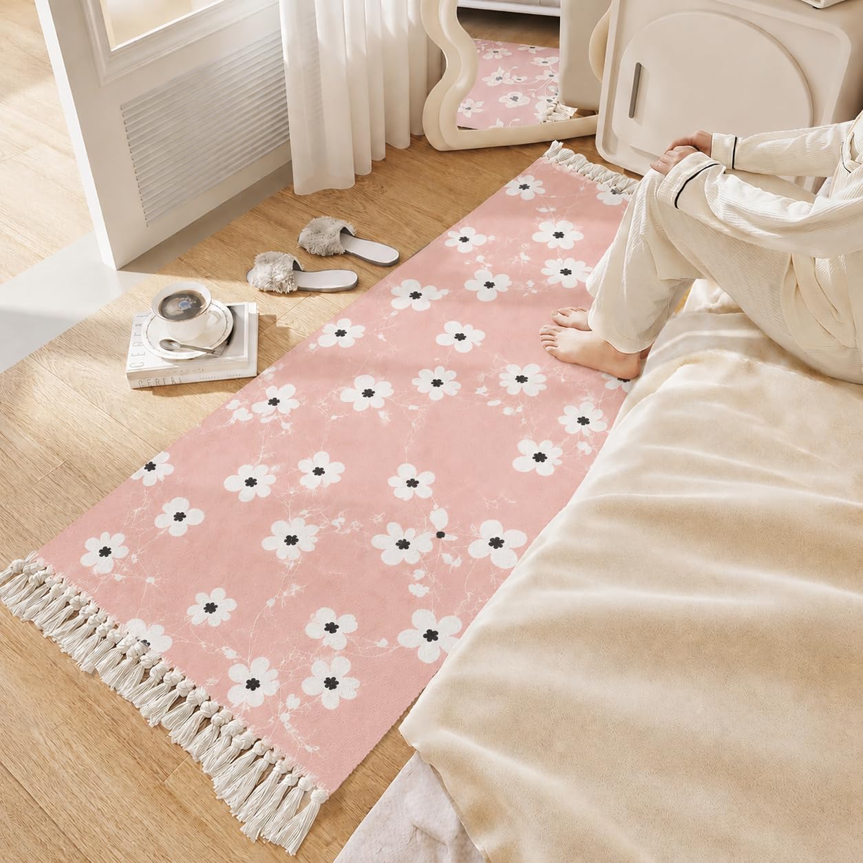 rugify 2 x 5 feet printed cotton runner rug | soft bedside, bedroom & hallway floor runner | durable, attractive & easy to clean home décor carpet, print - pink blossum