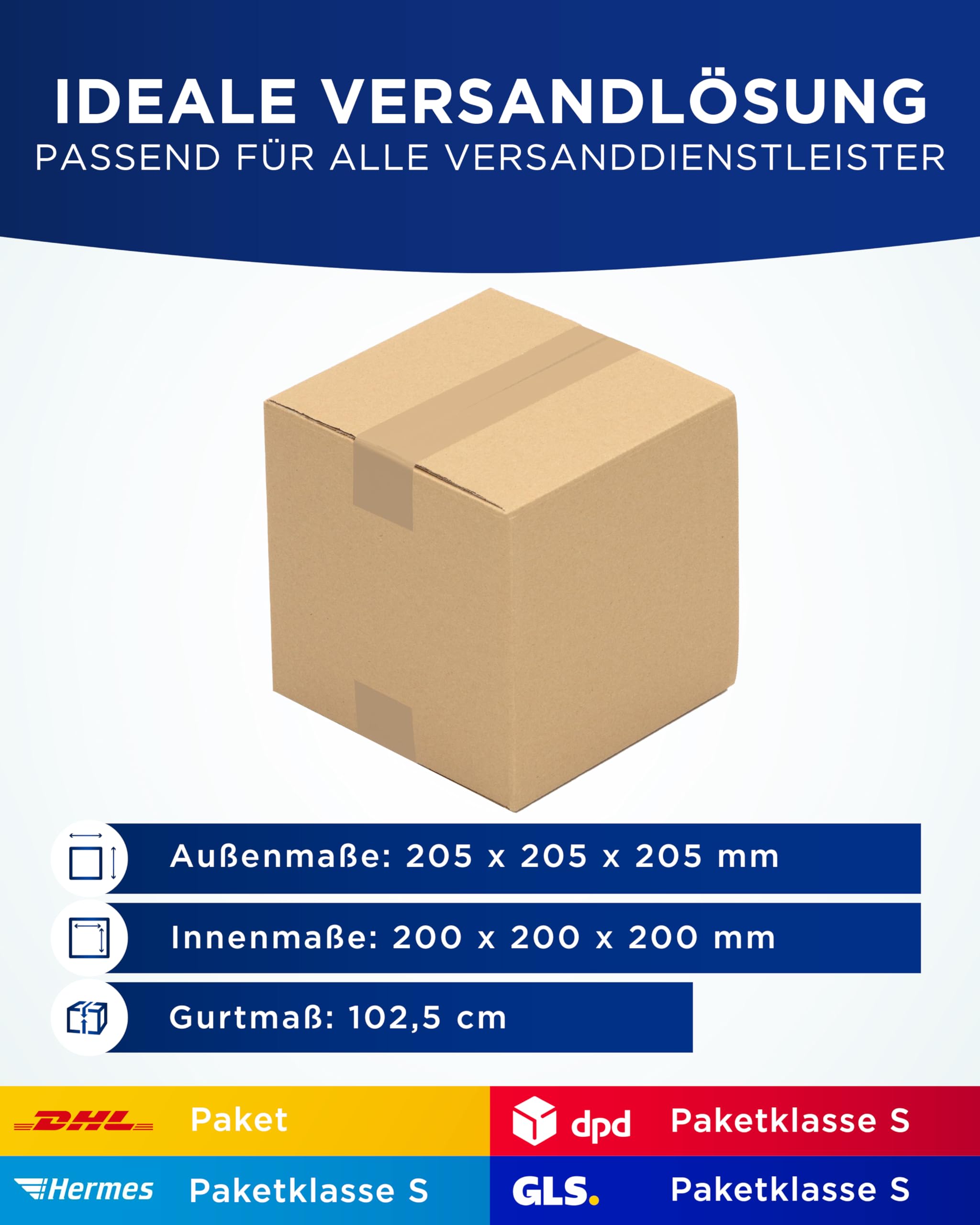 KK Verpackungen Versandkartons 200 x 200 x 200 mm Braun 1-wellig (Außenmaß 205 x 205 x 205 mm) | 150 Stück, Faltkartons Kartons geeignet für Versand als DHL Paket DPD Hermes GLS Paketklasse S (KK08)
