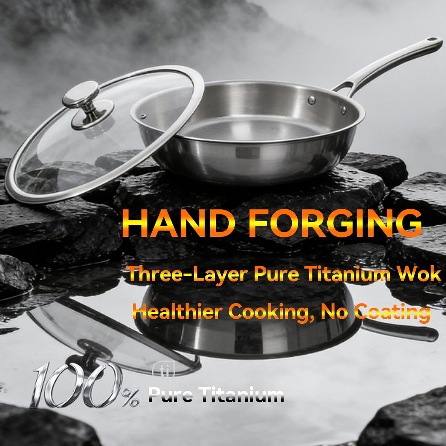 Titanium Pan for Cooking - Pure with Lid, 2026 New No Coating Non-Stick Titanium Cookware, Frying Pans, Hammered Pan,Ultra-Durable, Scratch-Resistant, Even Heating Frying Pans, Safe for Oven,1