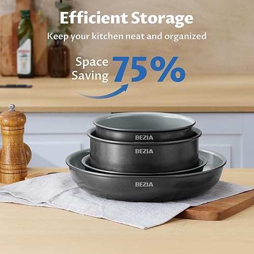 Miniatura 6 de BEZIA Utensilios de cocina de inducción con revestimiento de cerámica saludable, juego de ollas y sartenes antiadherentes, 10 piezas con asas
