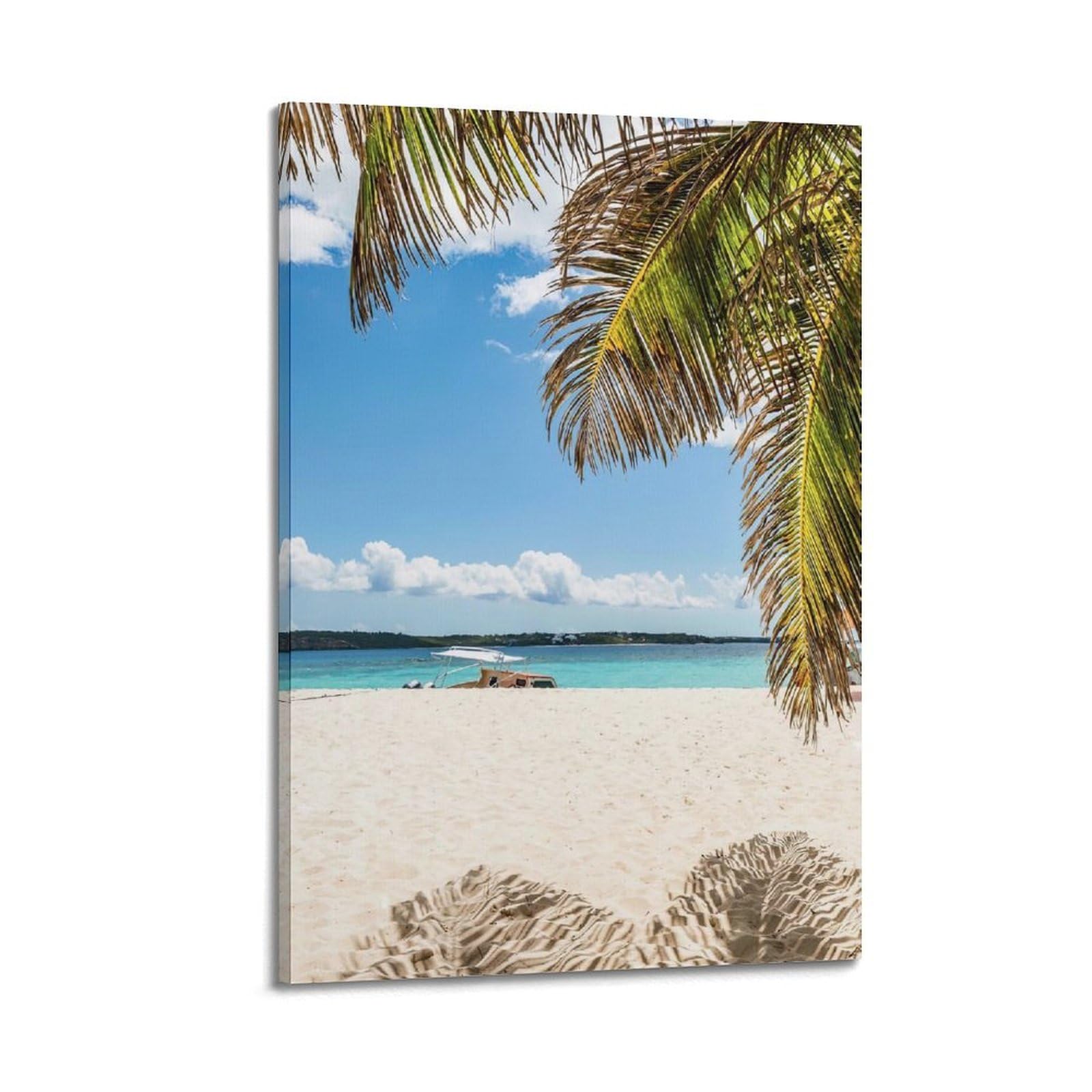 FQNYR Tropical Beach Landscape with Palm Shadows And Sailboat Poster Decorative Painting Canvas Wall Art Picture Print Modern Family Bedroom Decor 12x18inch(30x45cm)