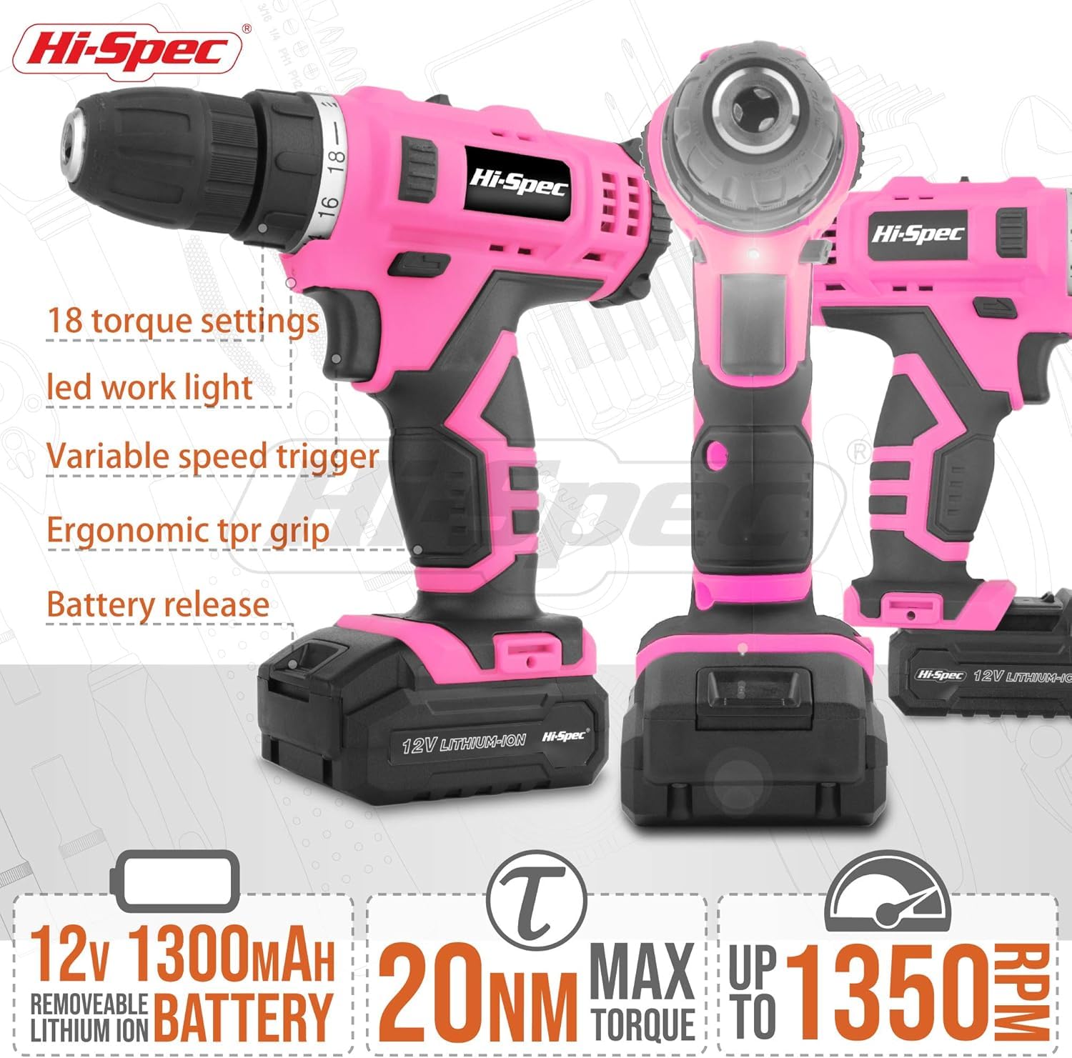 Hi-Spec Taladro Atornillador Destornillador Inalámbrico, 12V Batería de 1300mAh hasta 20Nm, Velocidad Variable y Luz Led. con Maletín Estuche de 46 Puntas Brocas y Accesorios de Bricolaje.