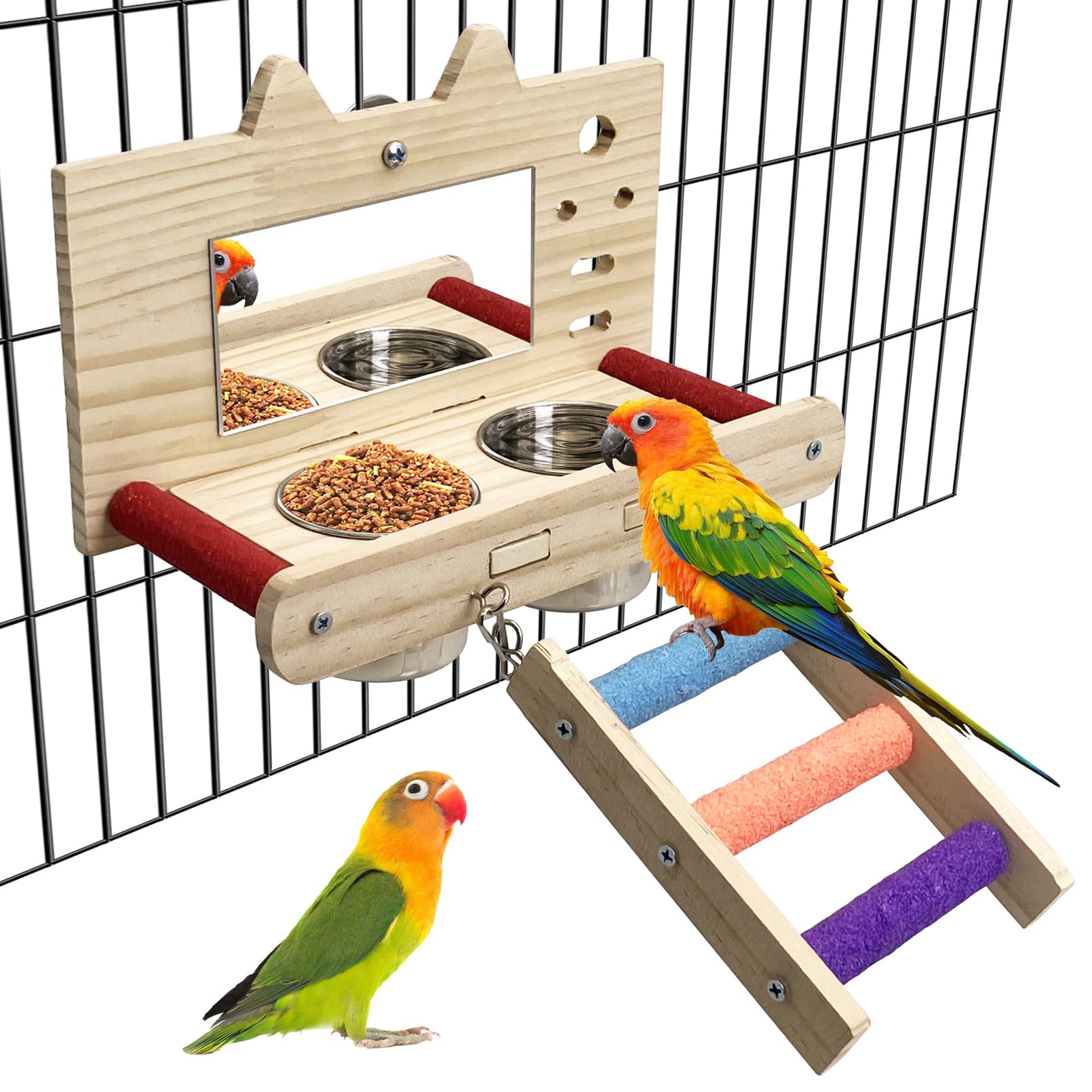 Tfwadmx Bird Food Stainless Steel Cups Wooden Perch Stand with Ladder Hanging Feeder Bowls Feeding and Watering Supplies for Parakeets Conures Cockatiels Budgie Parrot