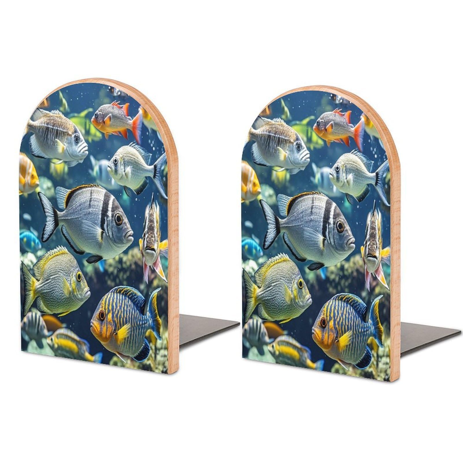 Different Fish Bookend Non-Skid Wooden Bookends for Shelves Heavy Duty Wood Book Ends Decorative Book Stopper Book Stand Non-Slip Book Organizer for Home Office Library