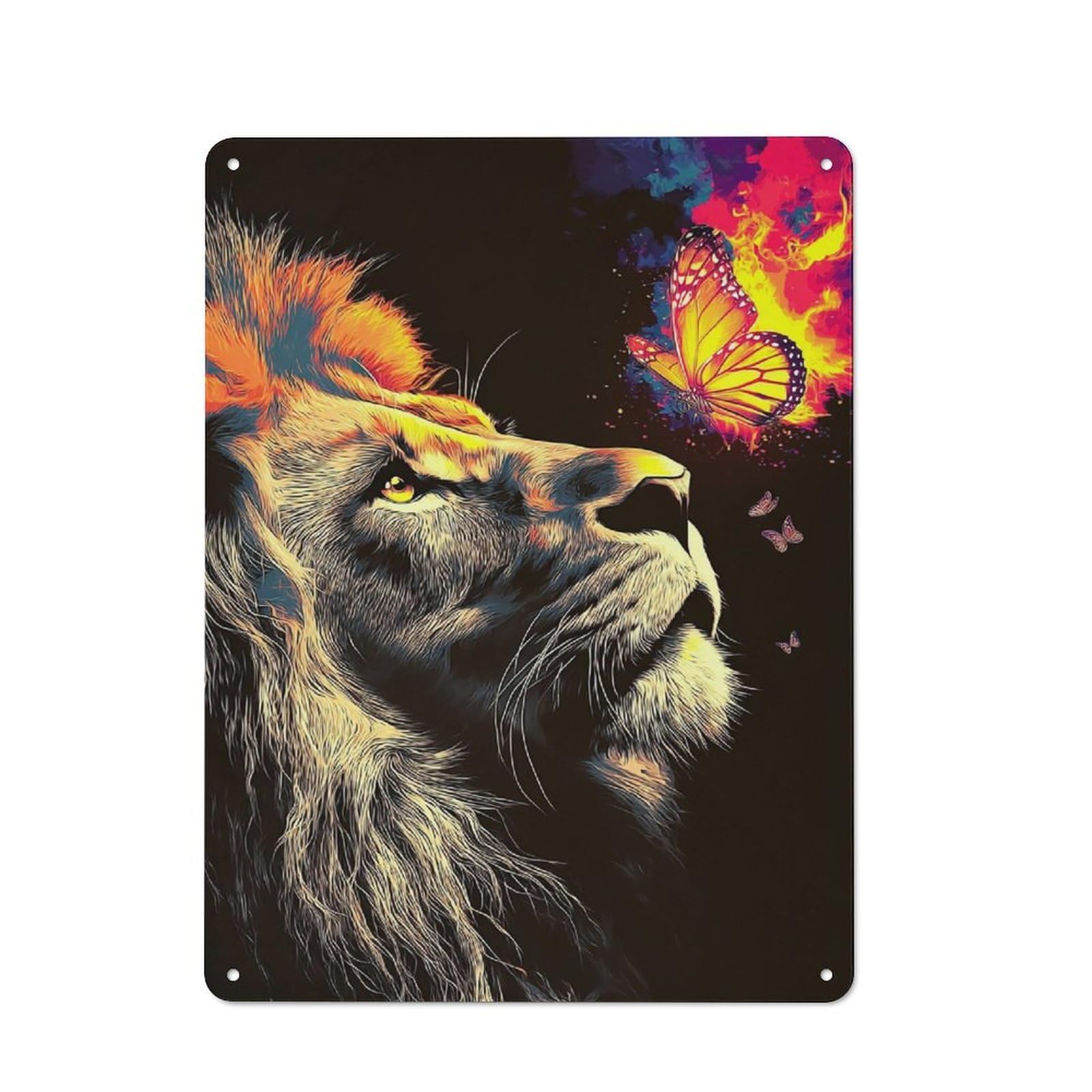 Junmoney Colorful Lion And Butterflies Artwork Classic Metal Sign 40X30cm Featuring Bar Wall Plaque For Diner, Restaurant, Shed Or Kitchen