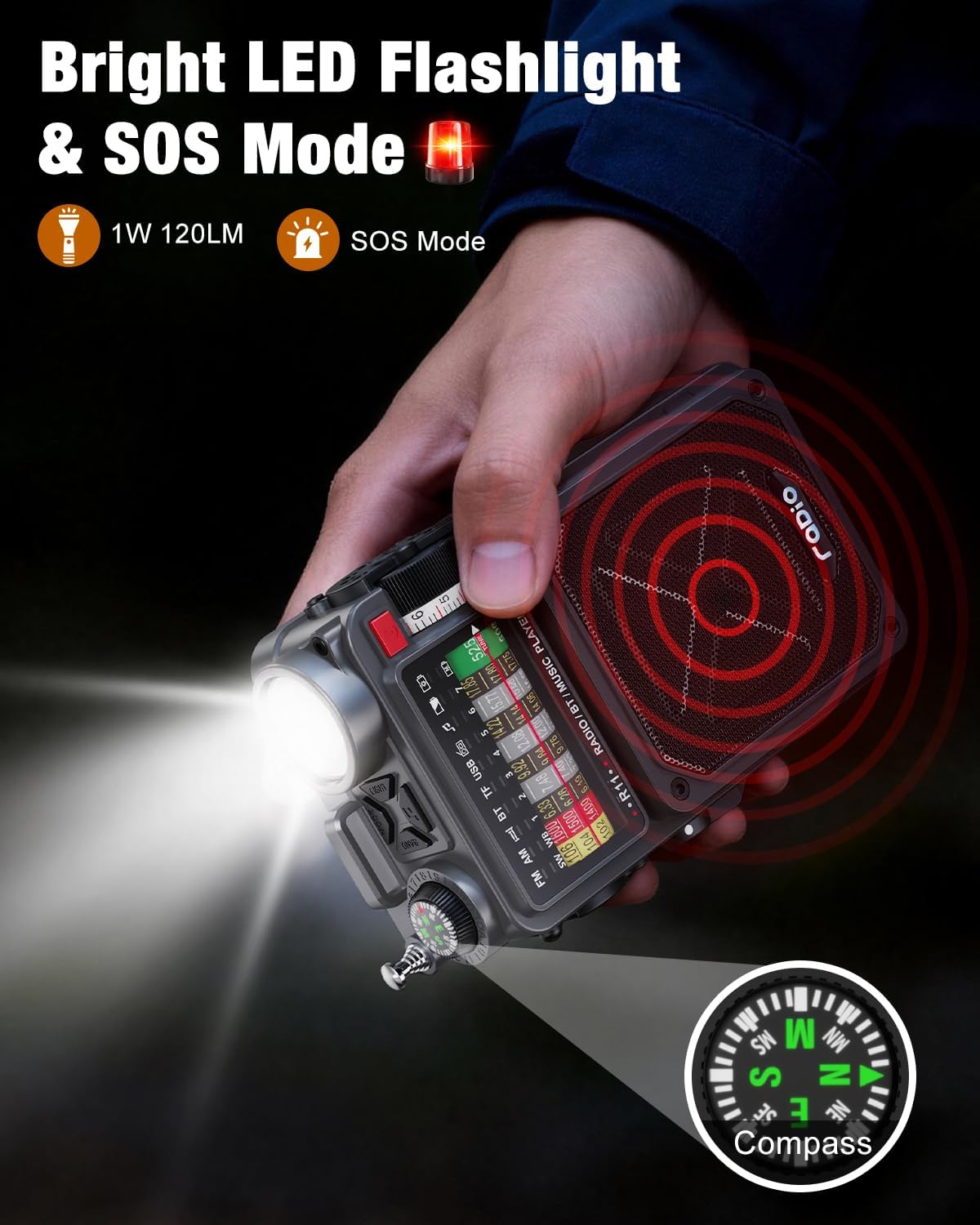 R11 Portable Shortwave Radio - 4000mAh/14800mWh NOAA/SW/AM/FM, Solar/Hand Crank/USB Charging, Bluetooth Receiver/USB/TF Playback,with Compass,Flashlight,SOS for Camping & Emergencies - Grey - Image 4