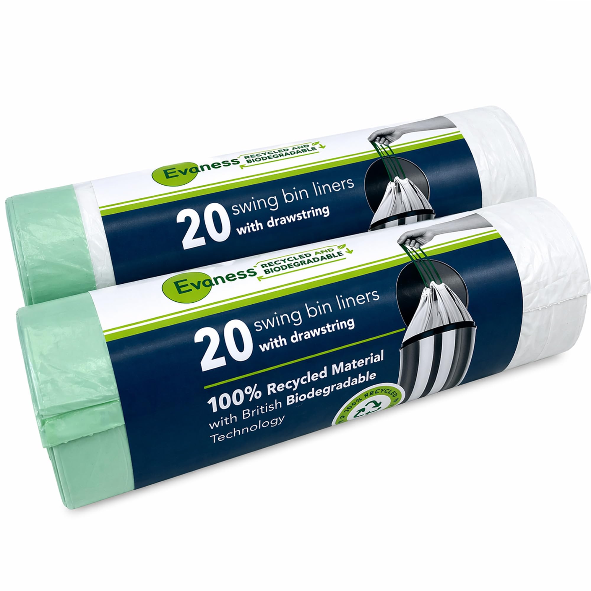 Evaness 40 Bags Biodegradable Drawstring Bin Bags 50L/60L – Strong Leak Resistant 100% Recycled Swing Bin Liners