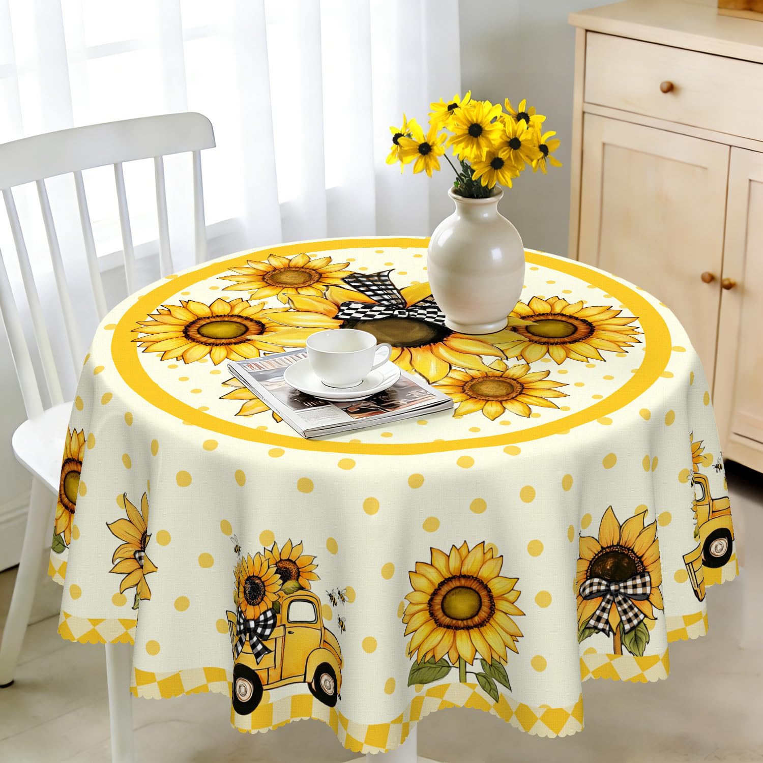 iEvery Sunflower Round Tablecloth Wipe Clean 120cm, Wipeable Circular Table Cloth Waterproof Stain-Resistant Polyester Table Cover for 2-4 Seater Dining Kitchen Patio Garden Party Outdoor Home Decor