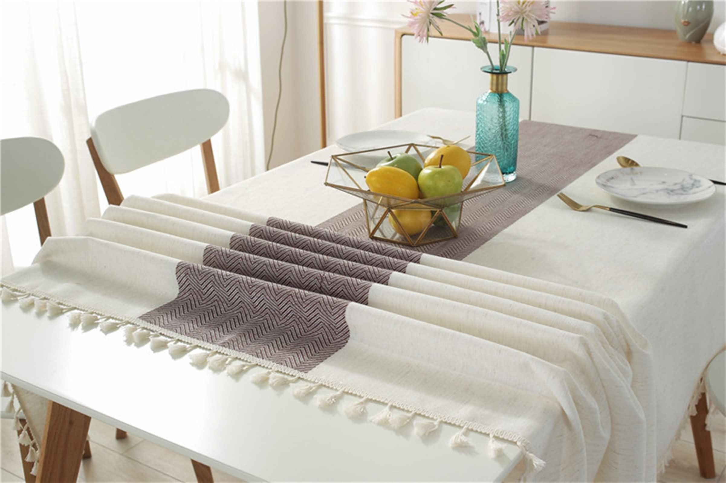 Mantel Rectangular Púrpura Claro Antimanchas, Empalme de Rayas Onduladas con Borlas, de Poliéster y Lino Elegante, 140 x 180 cm, Mantel para Hogar y Cocina