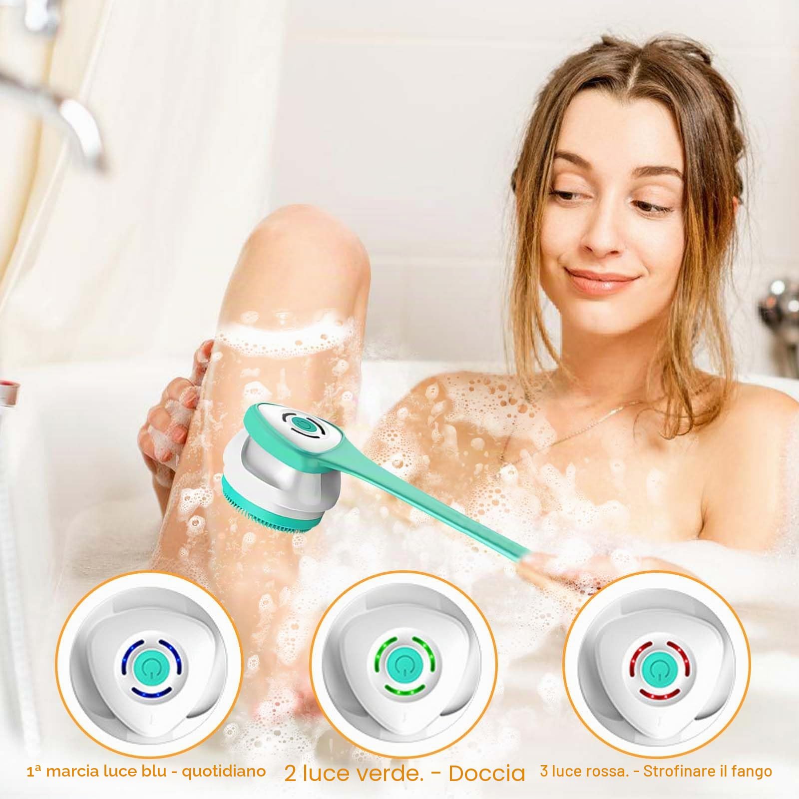 Spazzola elettrica per il corpo, spazzola per la schiena con 5 cuciture: spazzola per la schiena con manico lungo IP67, impermeabile a 3 velocità, spazzola per la pulizia della spa doccia esfoliante
