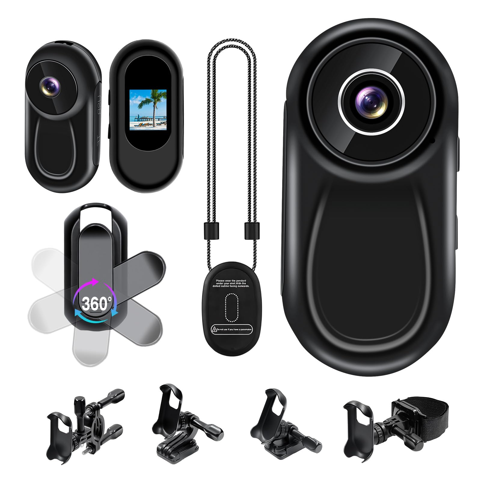 Mini caméra d'action,1080P HD & écran 0,86 Pouces Action Cam,Clip Magnétique Rotatif à 360° avec Cordon pour Bodycam avec Vision Nocturne Automatique Caméras d'action pour vélo/Moto
