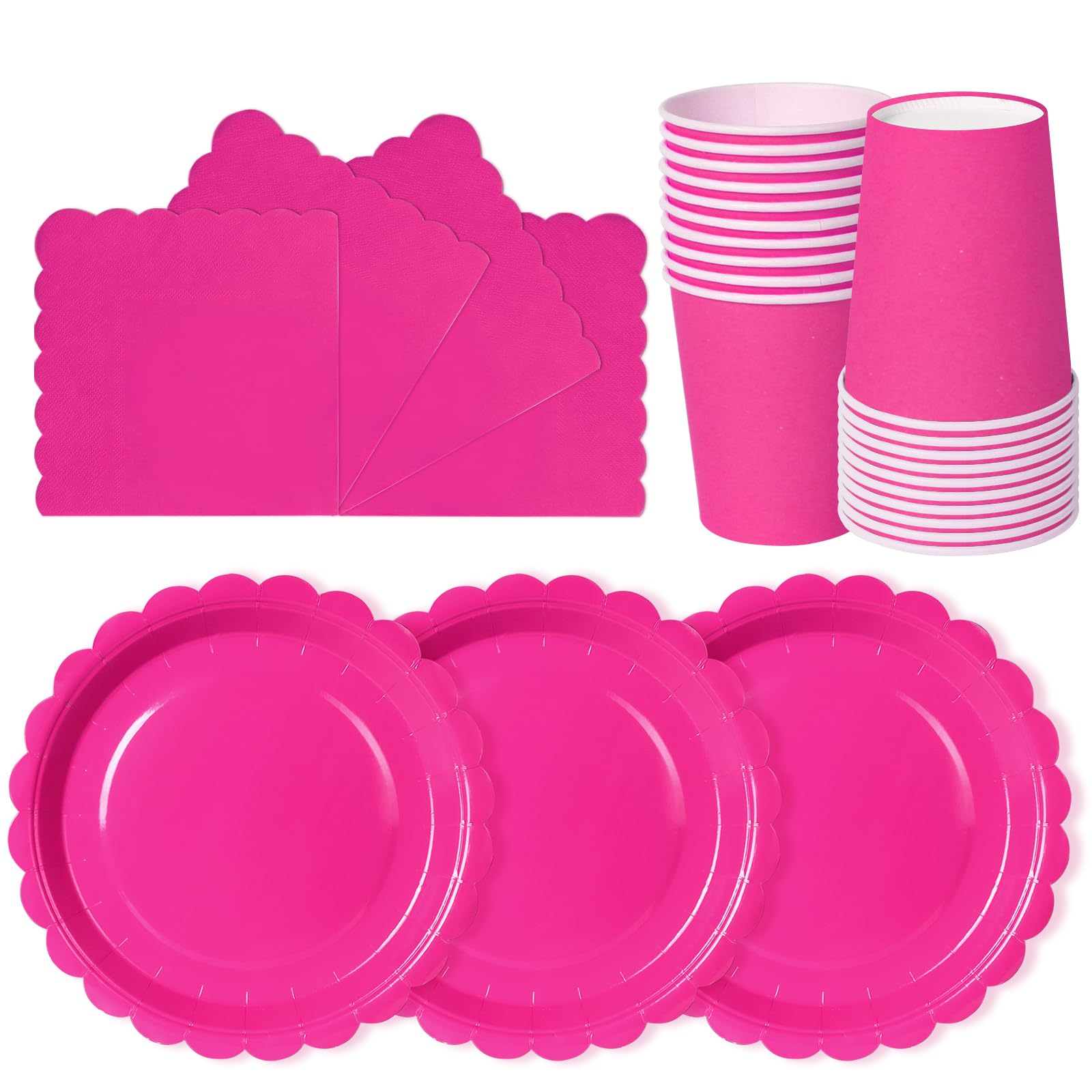 hailstones Magenta Disposable Scalloped Party Paper Plates Set Tableware Supplies - 24 Pack of 7 Inch Plates, Cups & Napkins for Kids Birthday Decorations Christening Wedding Shower