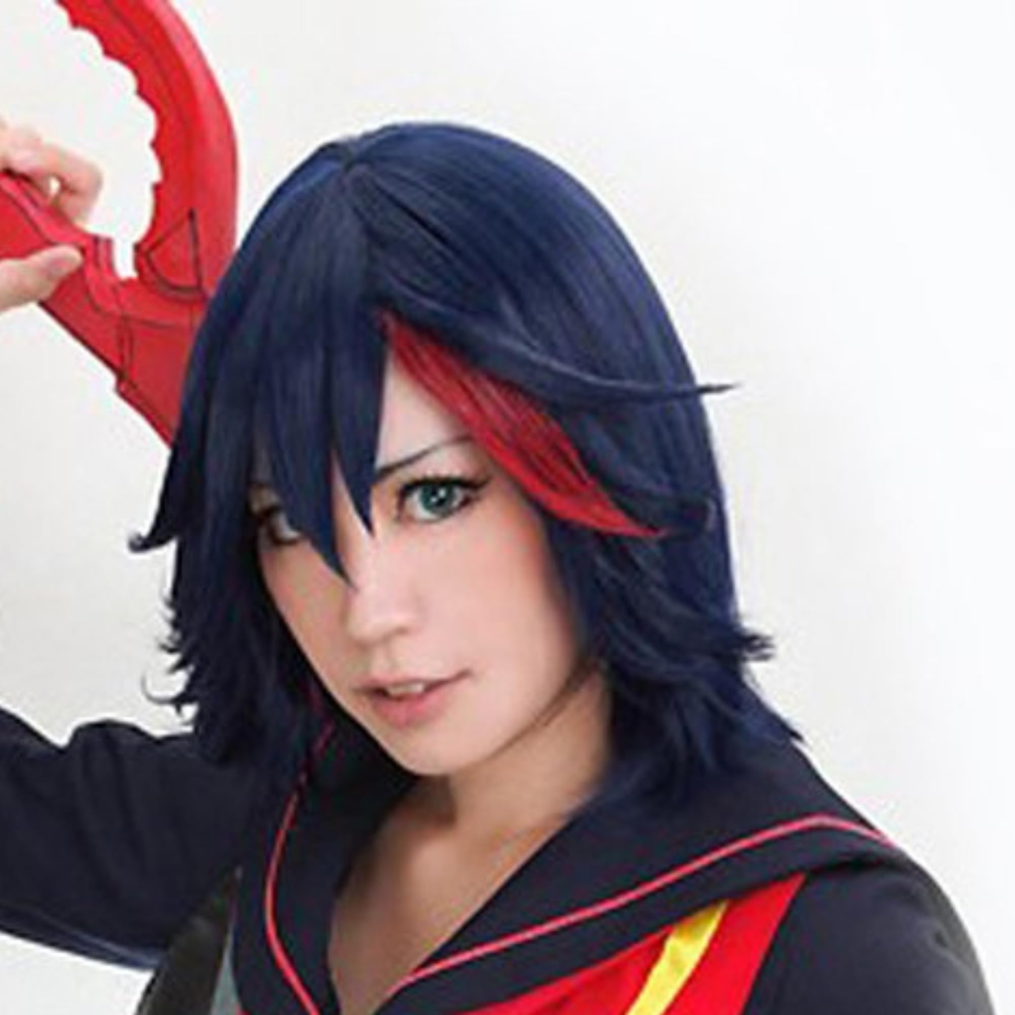 Hair Cap + Dark Blue Mixed Red Anime Cosplay Wig Girl Short Bob Hair For Anime Cosplay Women Dark Blue with Red Highlight Wig For Halloween Costumes