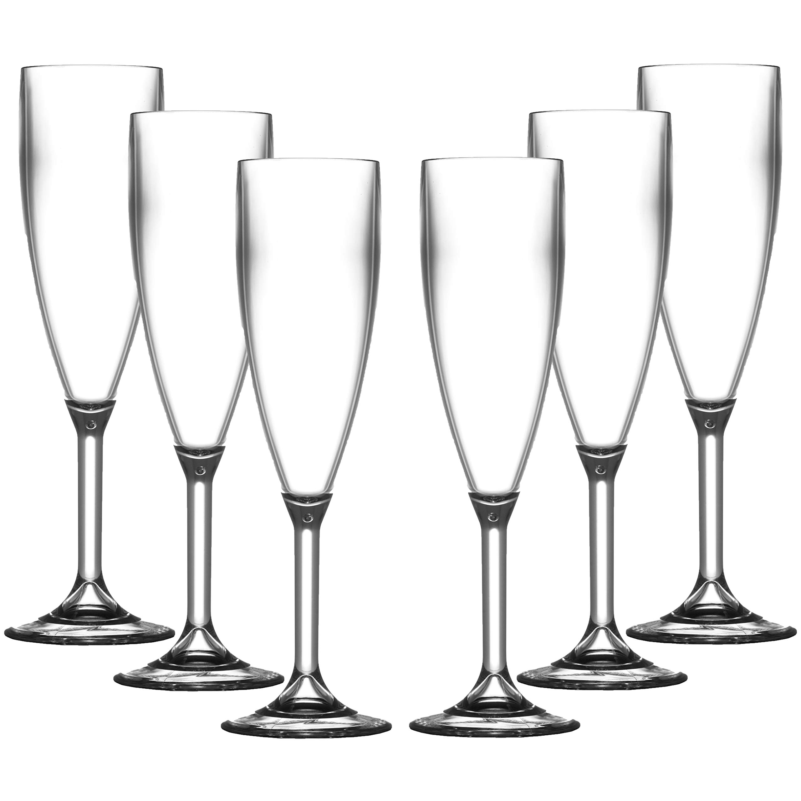 Virtually Glass 6 Roltex Polycarbonate Unbreakable and Reusable Champagne Flutes (180 ml 6.33 FL oz to Ras Edge, Height 17.2 cm, Max Diameter 5.8 cm)