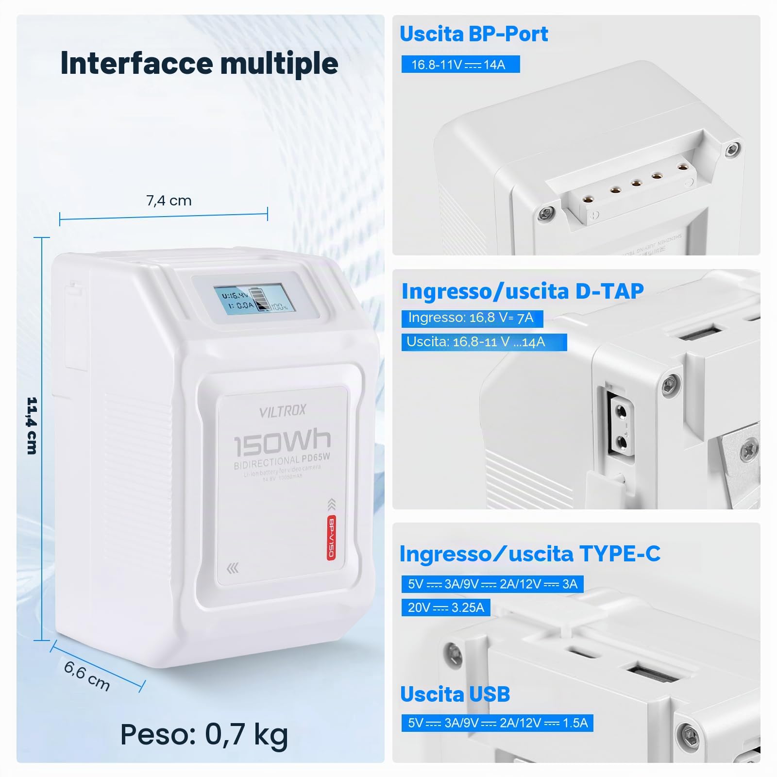VILTROX BP-V150 V Mount Battery 10050mAh V Lock Batteria con Display LCD,Doppio D-Tap Uscita USB 150Wh/14,8V,Bianco Mini V-Mount Battery per Fotocamere,Videocamere,luci LED,Monitor,MacBook Smartphone