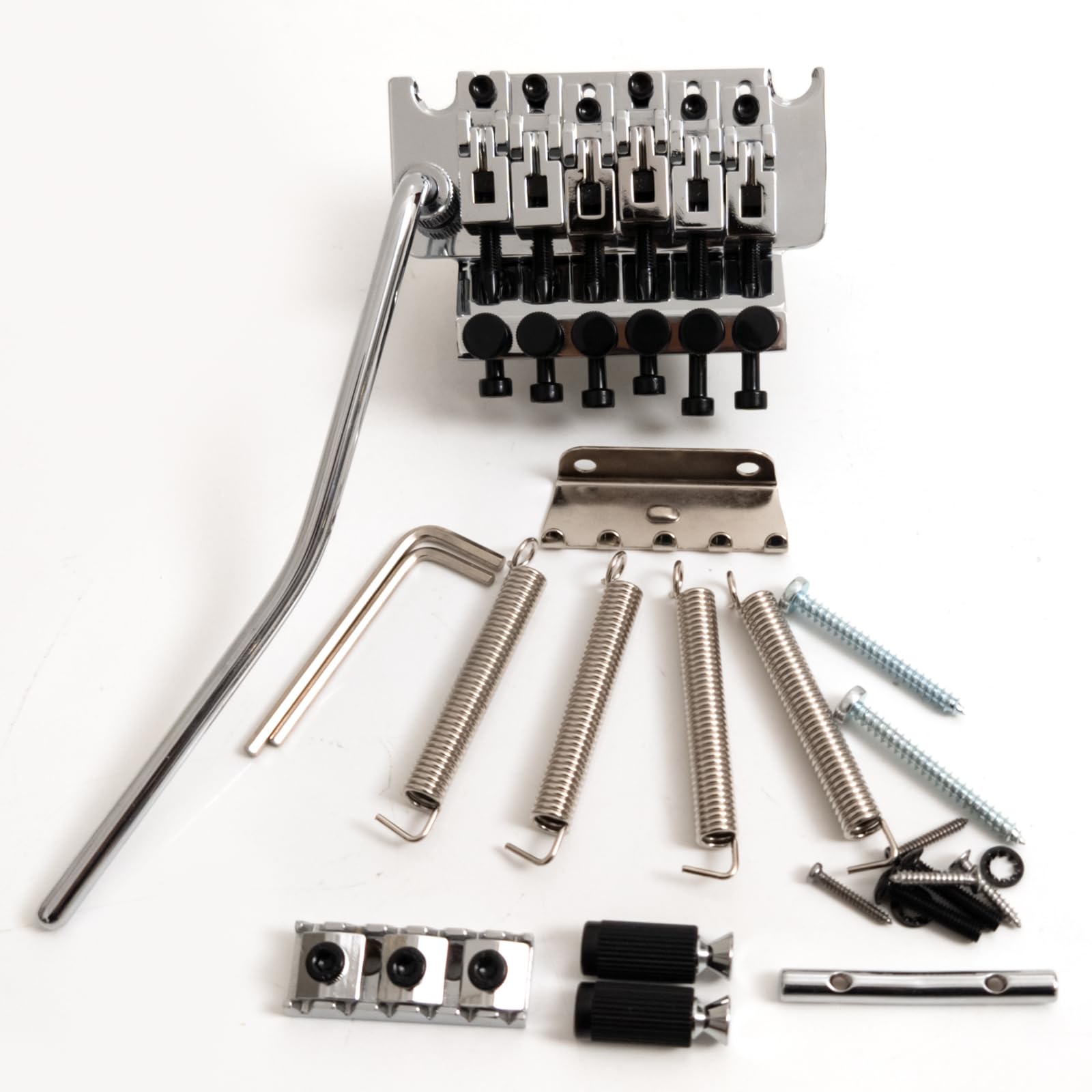 Linkshänder-Tremolo-Brückensystem mit Doppelverriegelung und 42 mm Sicherungsmutter, 34 mm massiver Messing-Block, schwimmendes Gitarren-Tremolo-Brücken-Set, Feinstimmer (Chrom)