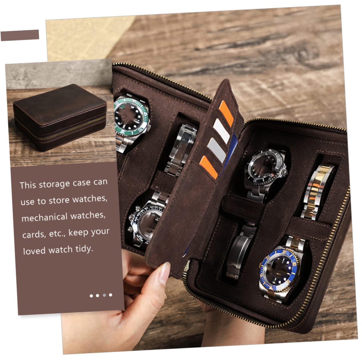 LIFKOME Caja de Relojes de Viaje 4 Ranuras en Cuero Café para Hombre | Cierre Cremallera, Dos Compartimentos Laterales, Diseño Delgado y Formato Portátil