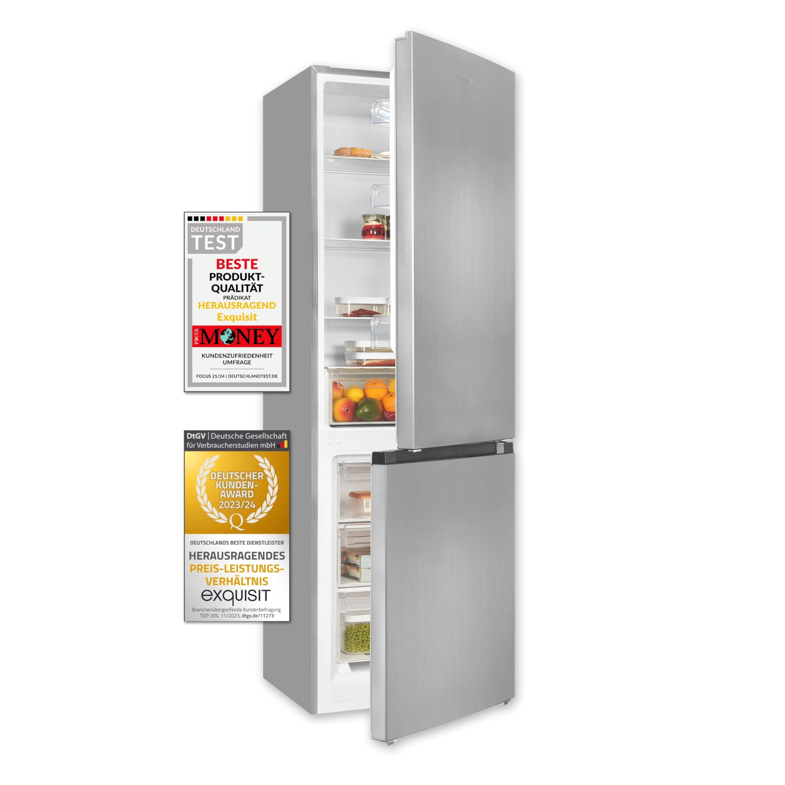 Exquisit Kühl-Gefrierkombination KGC320-95-E-040C Inoxlook, 315 L, Energieklasse C, 149 kWh/Jahr, 40 dB(A), 60 cm Breit, Türanschlag Wechselbar
