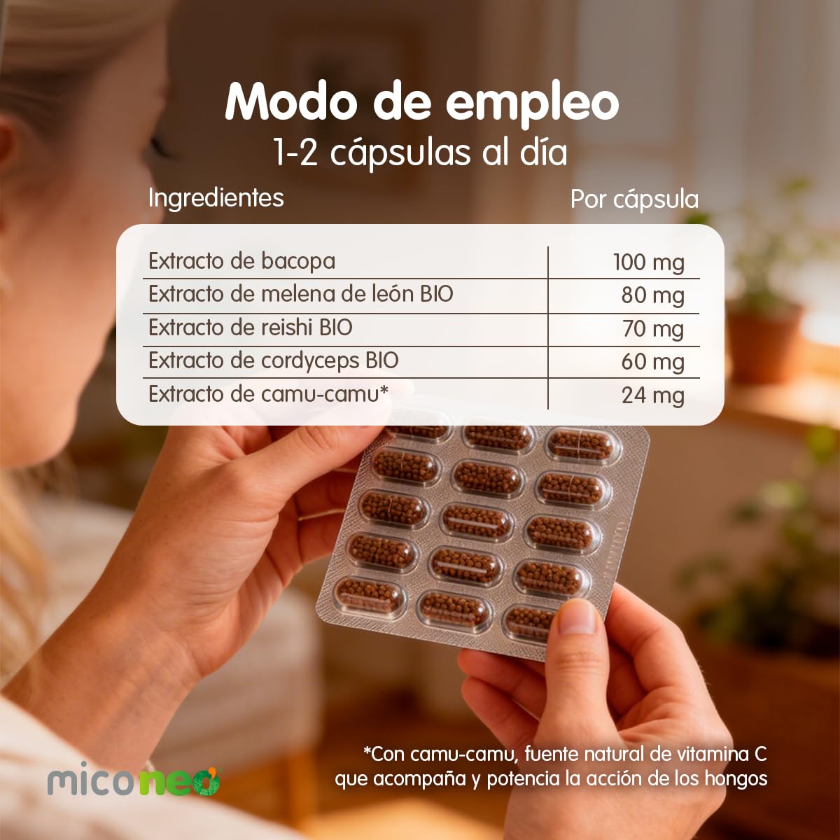MICO NEO | NGF | 60 Cápsulas | Favorece el Rendimiento Cognitivo | Con Bacopa, Melena de león, Reishi, Cordyceps y Camu-Camu | Hongos de Agricultura Ecológica