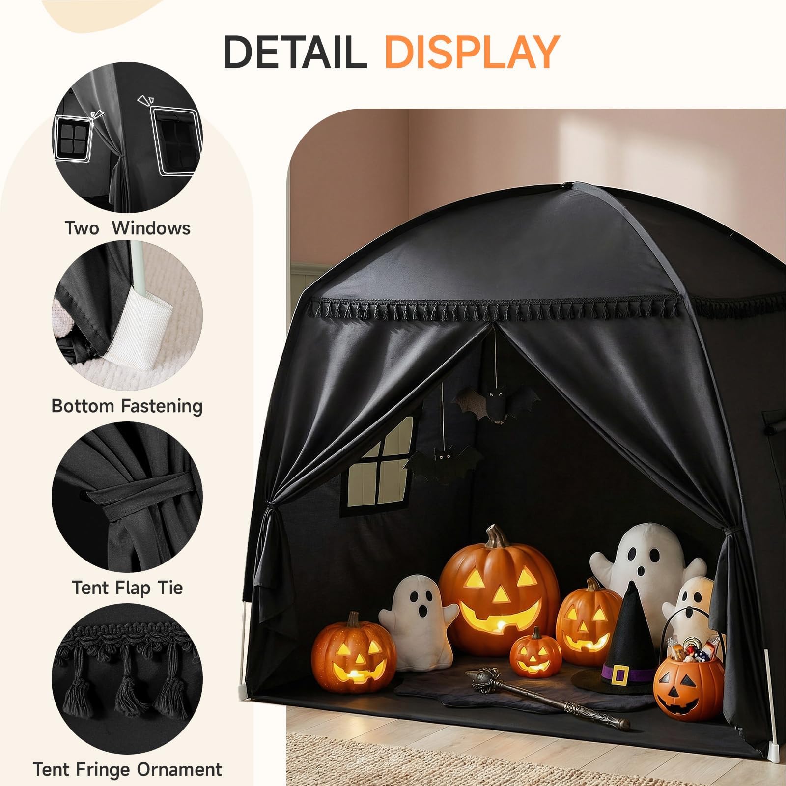 Tienda de campaña para habitación infantil: gran casa de juegos para interiores, portátil y plegable, para cama individual y litera, cueva para niños y niñas (negro)
