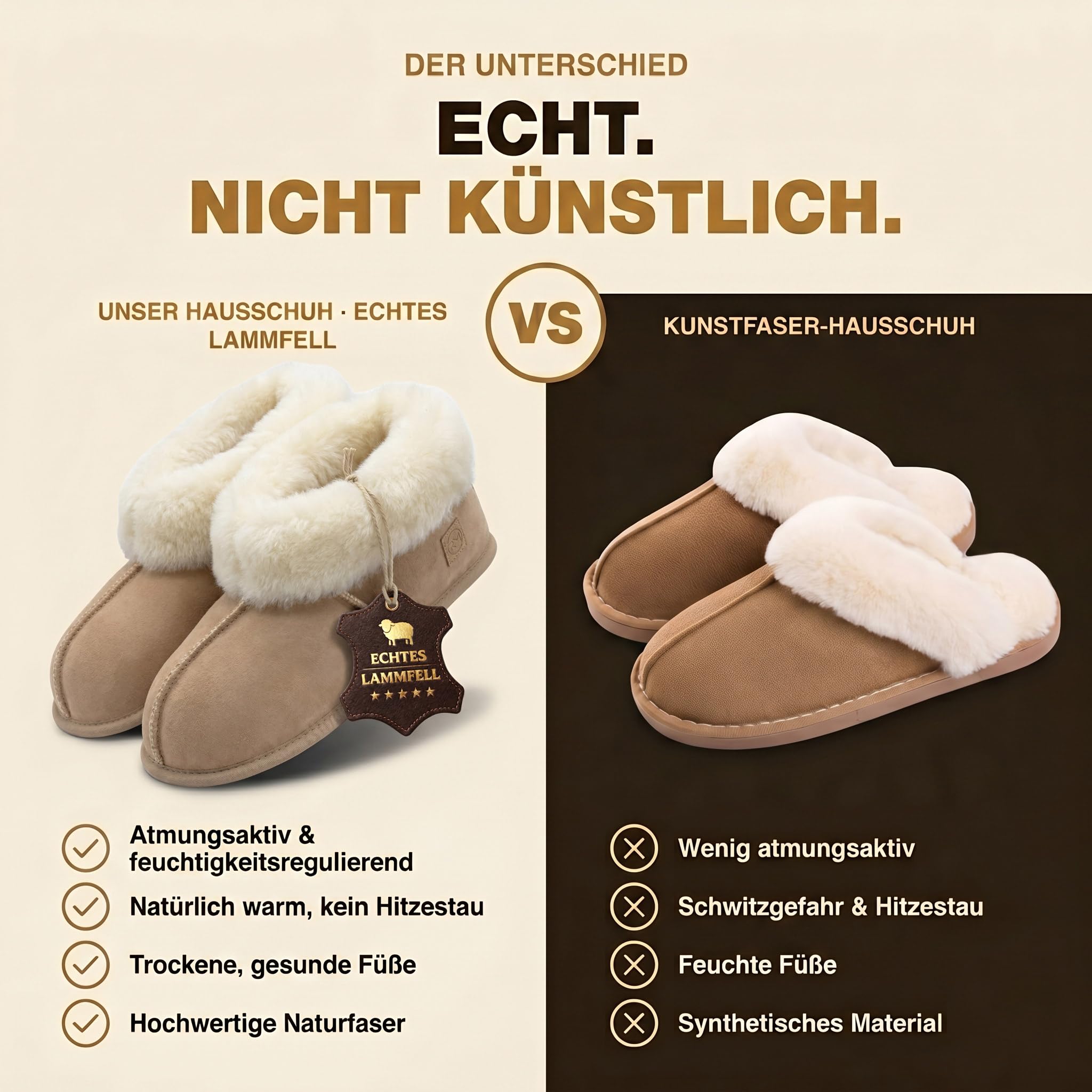 Rohn Moden Lammfell Hausschuhe für Damen und Herren – Chalet – Warme Hausschuhe mit Schaffell & weicher Ledersohle – Winter Pantoffeln für zuhause – Slipper gefüttert - Braun Grau