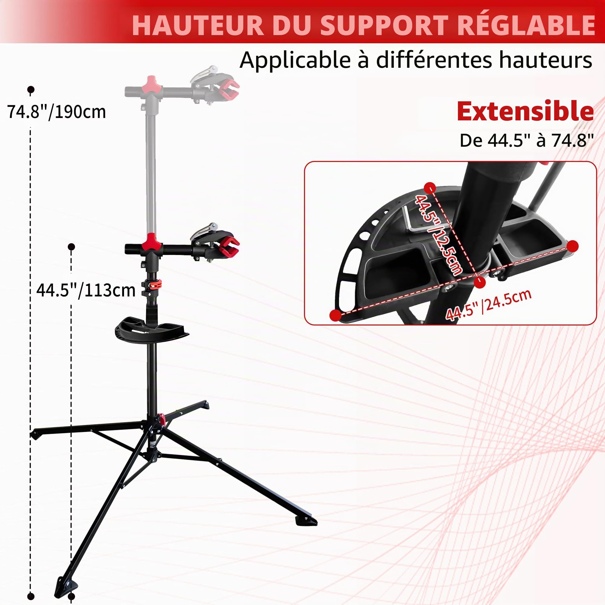 Pied d'Atelier Vélo Professionnel,Banc de Travail Réglable en Hauteur | Support de Réparation Pliable avec Plateau à Outils - Pince Pivotante à 360 Degrés - Pour la Plupart des Vélos