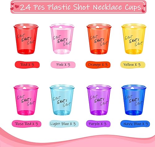 Miniatura 3 de Hillban 24 piezas de collares de chupito de vidrio de chupito de plástico en collar de cuentas, mini tazas coloridas para despedida de soltera,
