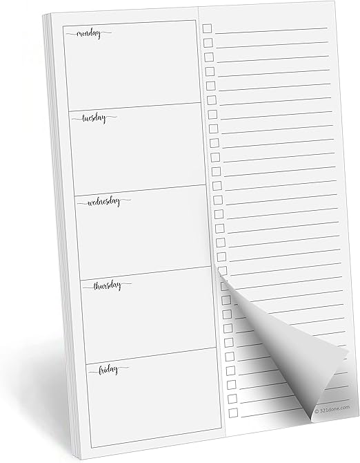 321Done Weekly Planning Notepad, 5.5x8.5, Made in USA, M-F Week Day Schedule & To Do Task List, Perforated Tear Off Checklist (50 Pages), Thick Paper, Simple Script Design