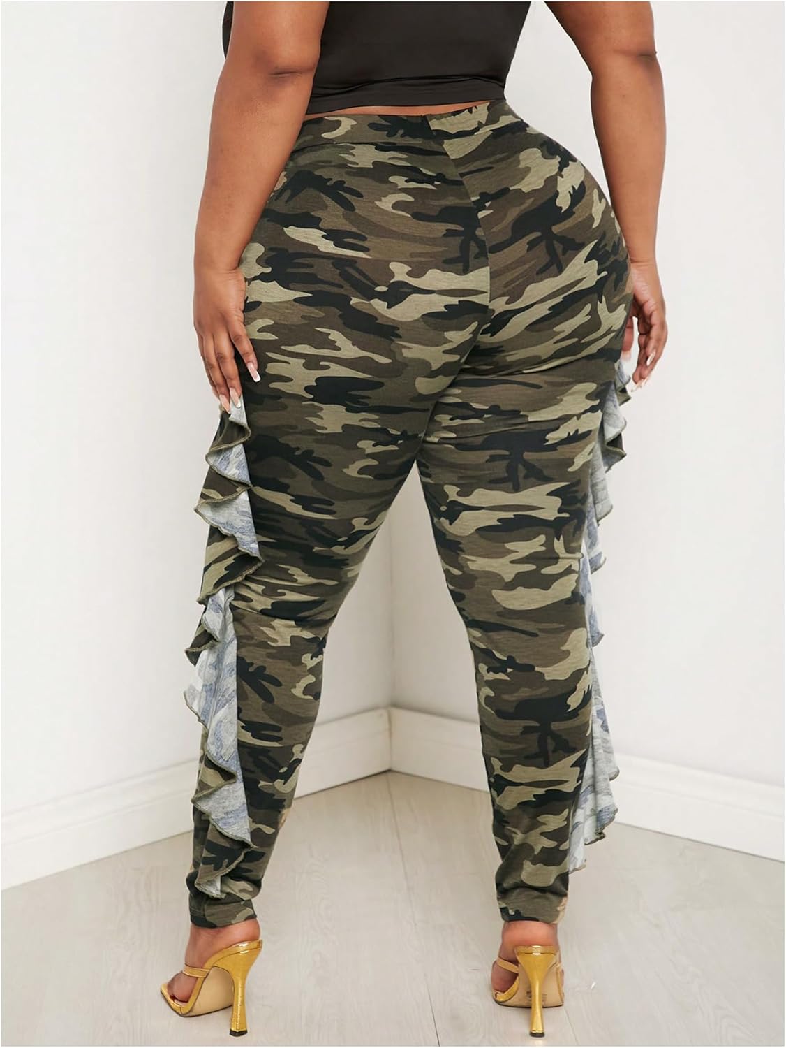 WDIRARA Women's Plus Size Ruffle Camo Print Pants Elastic High Waisted Leggings Skinny Pants - Image 2