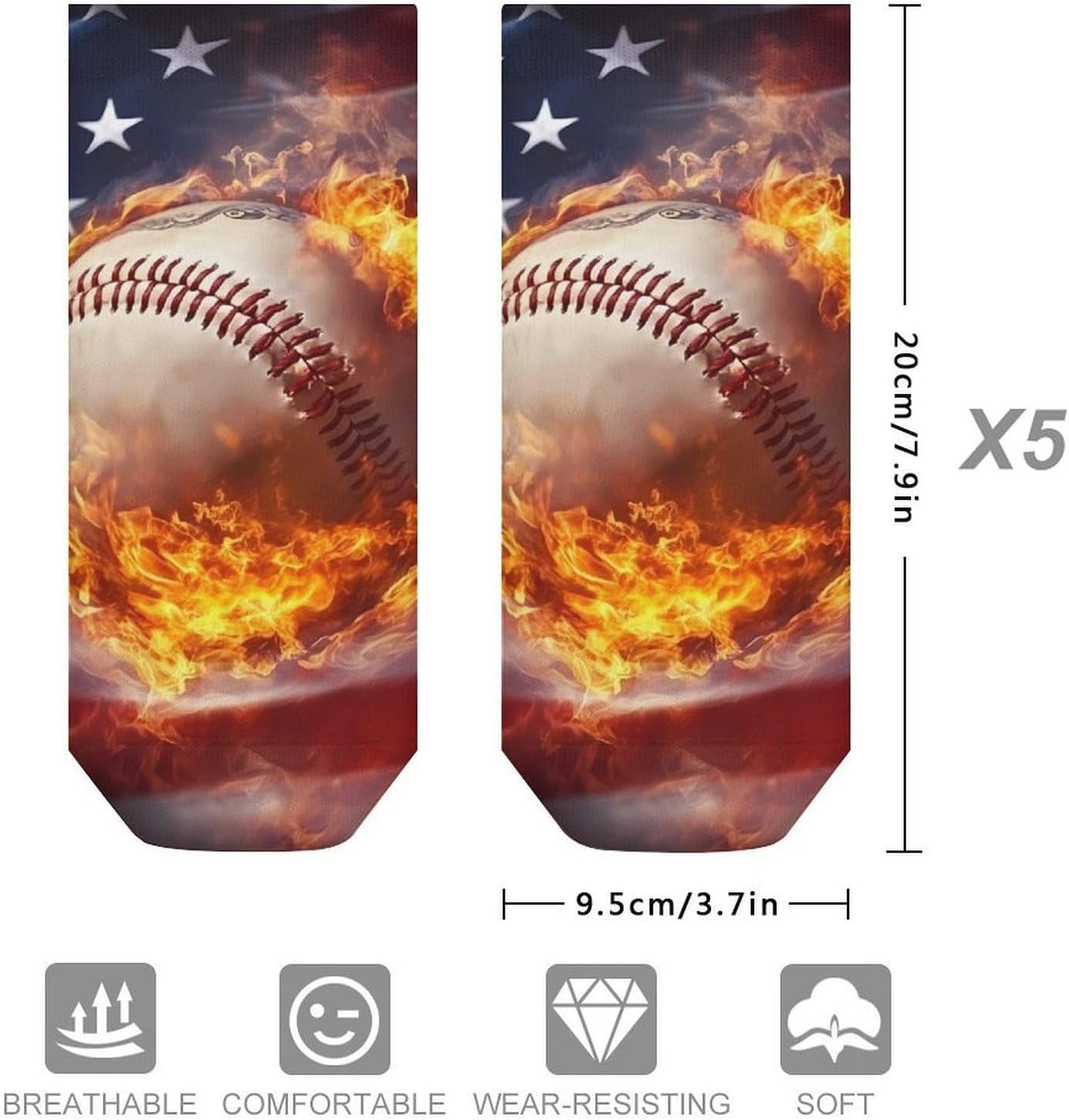 USA Flag Baseball Sports Ankle Socks No Show Socks Cushion Low Cut Socks 5 Pack