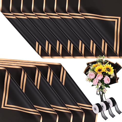 Miniatura 1 de Njzwxzw 60 hojas de papel de regalo de flores, papel de regalo floral con borde dorado, papel de embalaje de ramo de flores impermeable con cinta