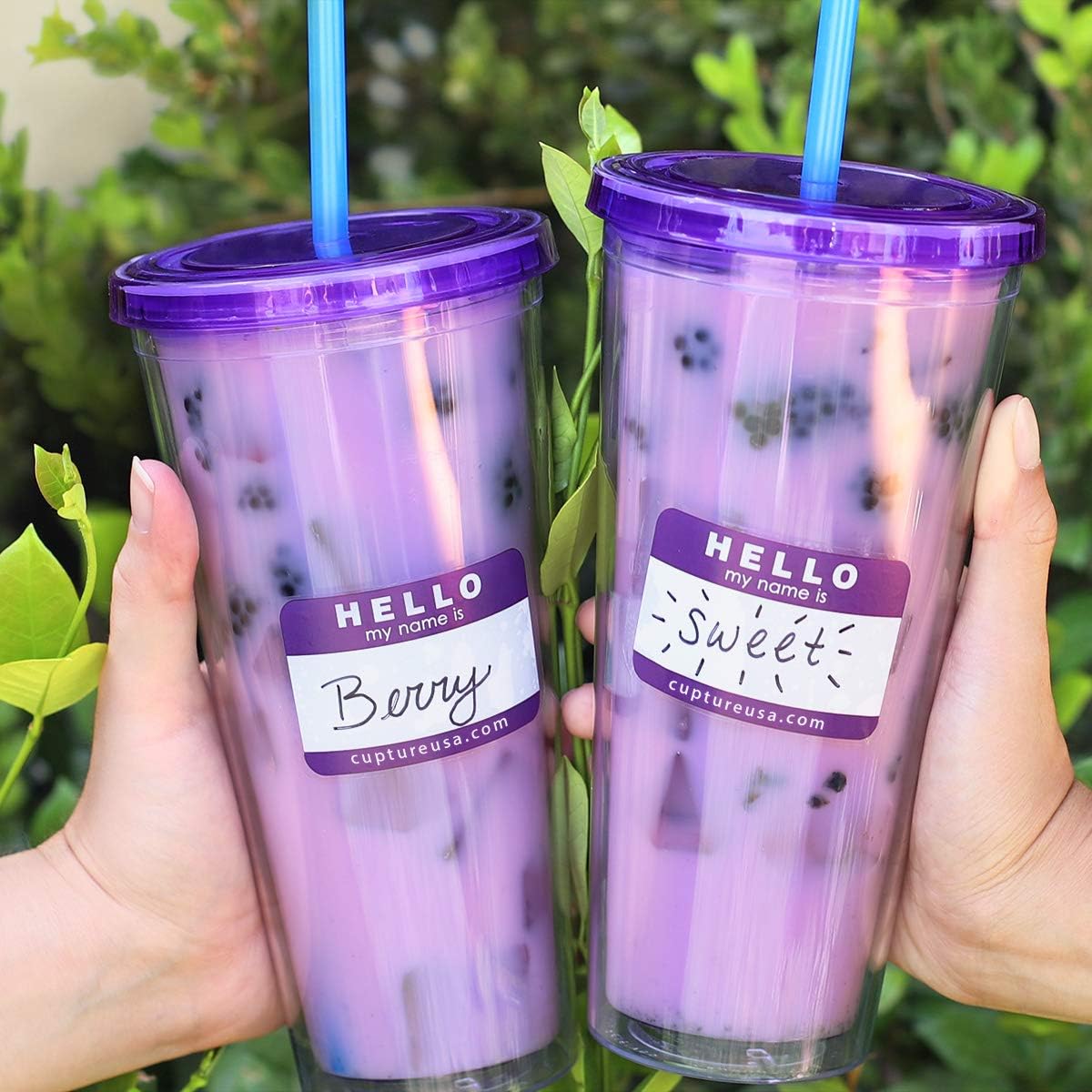 Cupture Classic Insulated Double Wall Tumbler Cup with Lid, Reusable Straw & Hello Name Tags - 24 oz, 2 Pack (purple/orange) image 5
