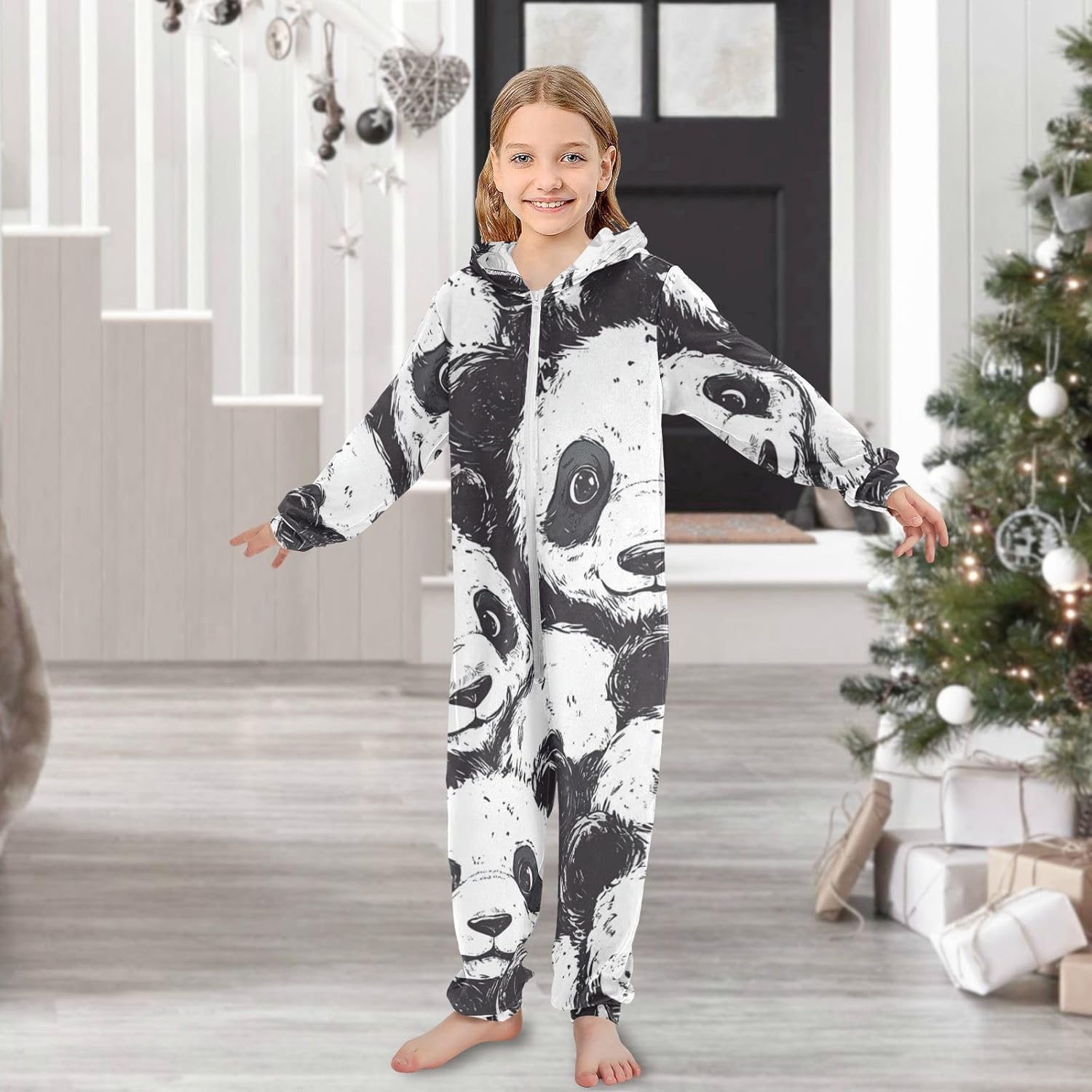 Cartoon Cute Black and White PandaUnisex OnesieLong Sleeve Hooded Sleepwear Holiday Loungewearfor Parties Sleepovers