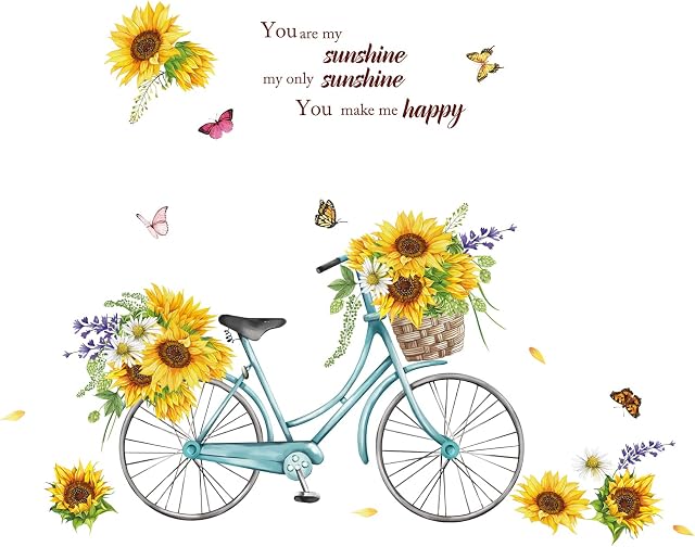 wondever Sunflower Wall Stickers Floral on Bike Sunshine Peel and Stick Wall Art Decals for Bedroom Living Room TV Wall