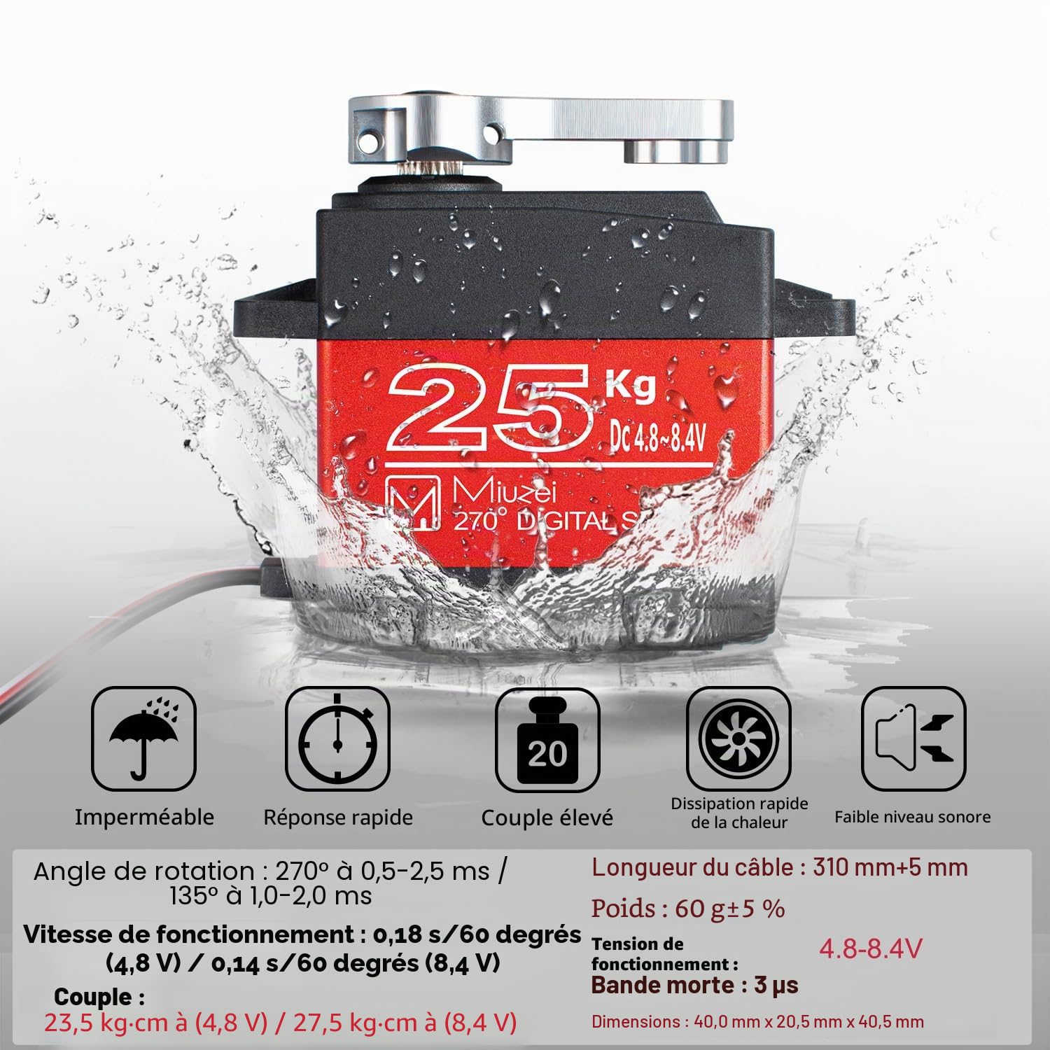 Miuzei Servo numérique 25 kg Servo de direction étanche à haute torque engrenage métallique 270 ° Servo+moteur pour mini RC voiture 1/8 1/10 1/12 bateau avec corne 25T câble servo vis