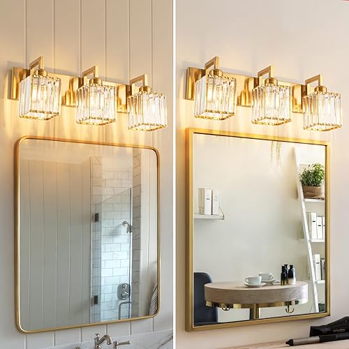 Miniatura 3 de Moderna lámpara de cristal para tocador de baño, 3 luces, acabado de latón cepillado dorado, lámpara de pared moderna de cristal para baño,