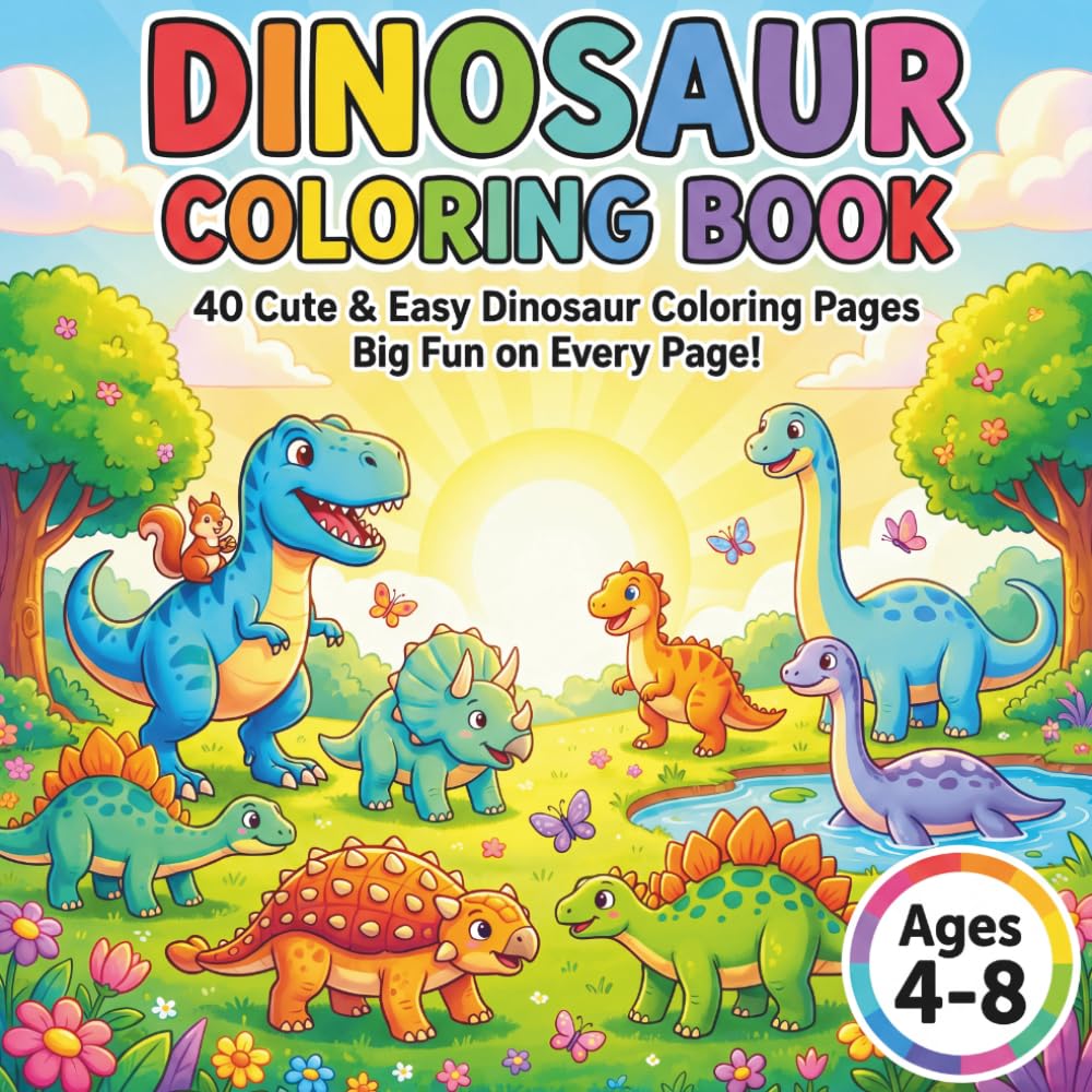Dinosaur Coloring Book: 40 Cute & Easy Dinosaur Coloring Pages — Big Fun on Every Page!
