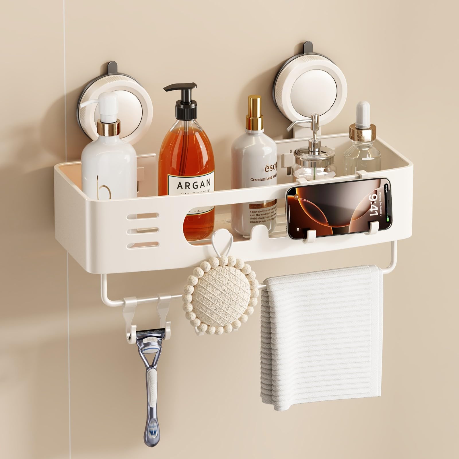 Voldra Shower Caddy Suction Cup, Adhesive Bathroom Shelves Shower Storage Wall Mounted Aluminum Bathroom Caddy Stick on Shower Organiser Rack With 4 Removable Hooks and Towel Bar(1 Pack, White)